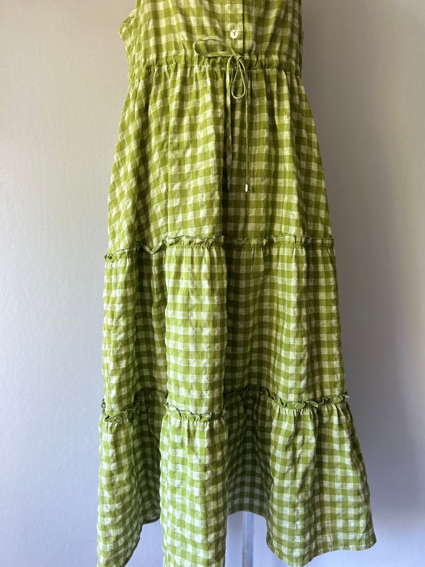 Sage Green Gingham Tiered Linen-Blend Maxi Dress - Size L