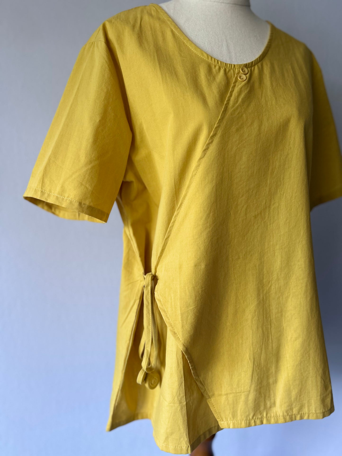 Mustard Yellow Asymmetric Wrap Tunic - 100% Cotton - Size L