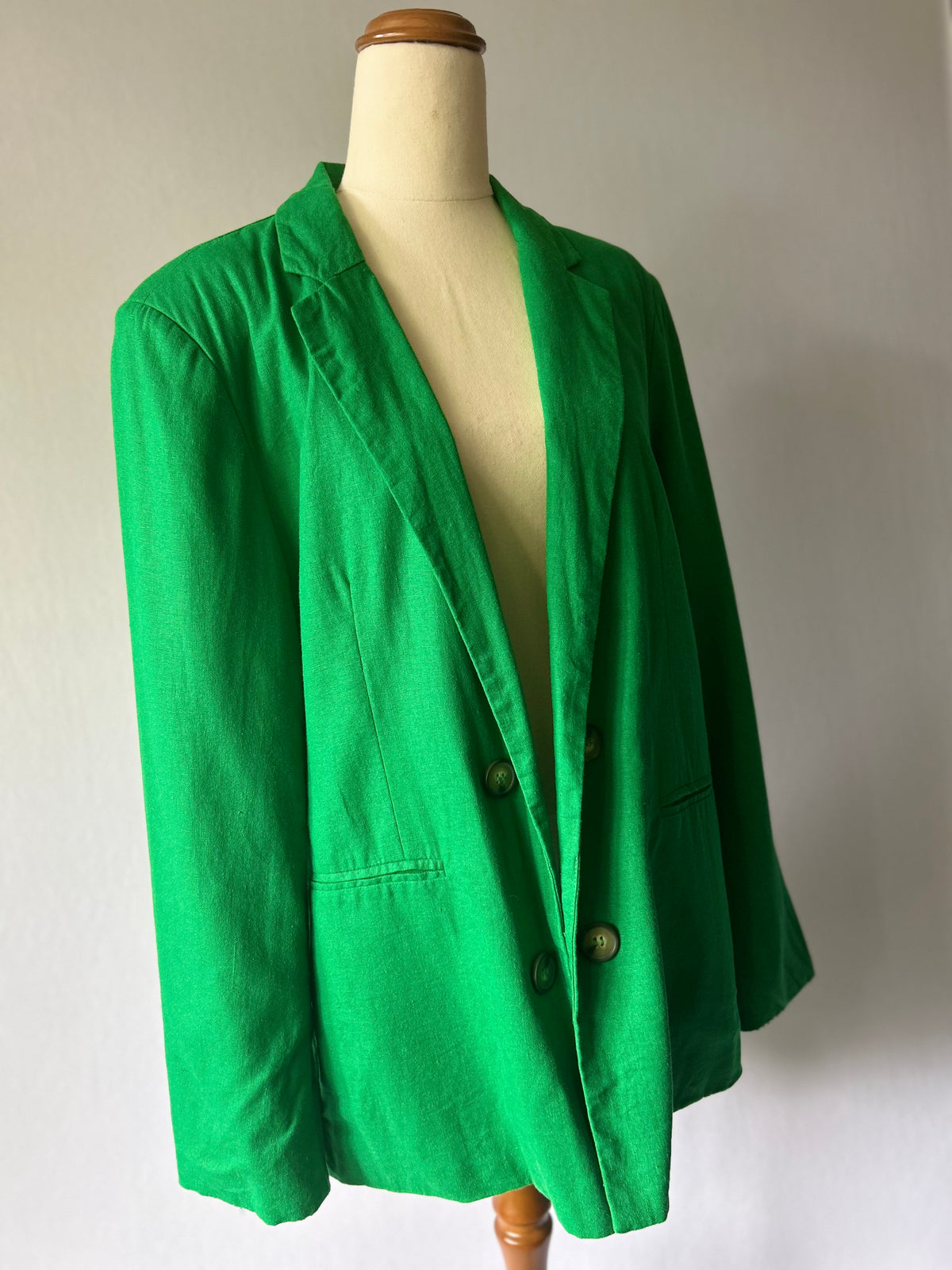 Relaxed Vibrant Emerald Green Linen Blend Double-Breasted Blazer - Size Large