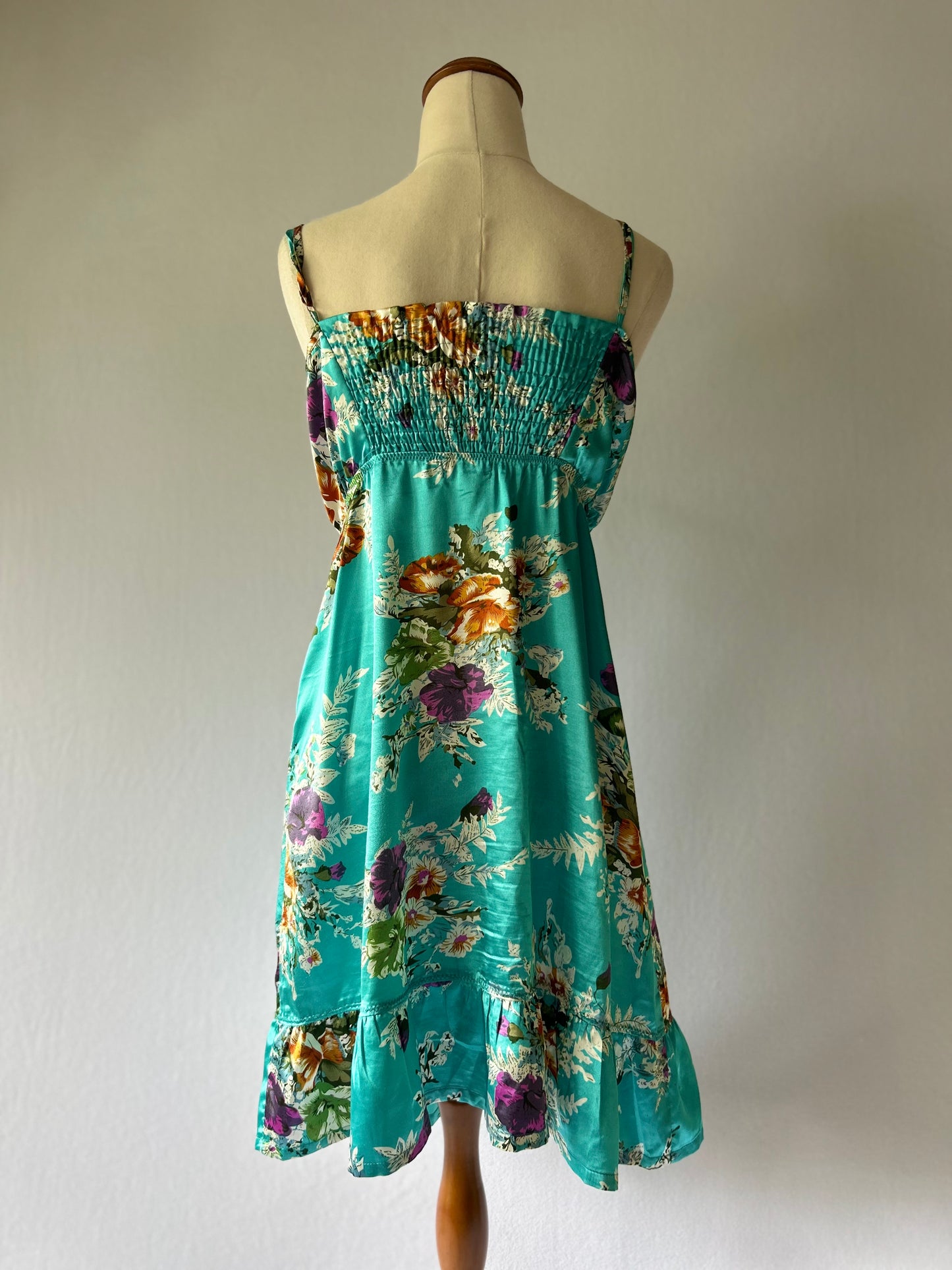 Silky Floral Print Mini Dress - Aqua Blue Ruffle Hem