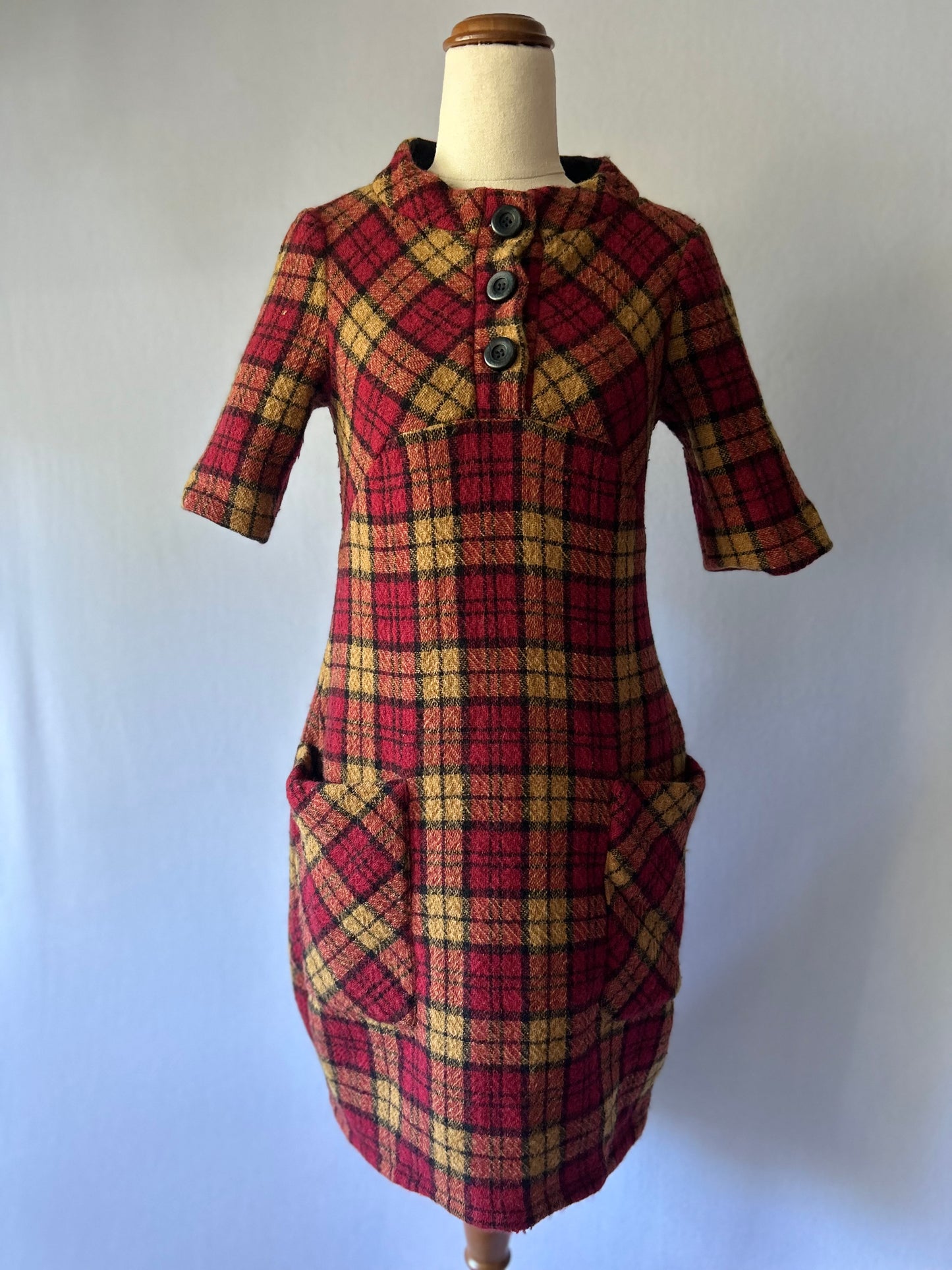Cue Red Plaid Wool-Blend Mod Mini Dress - Size 8