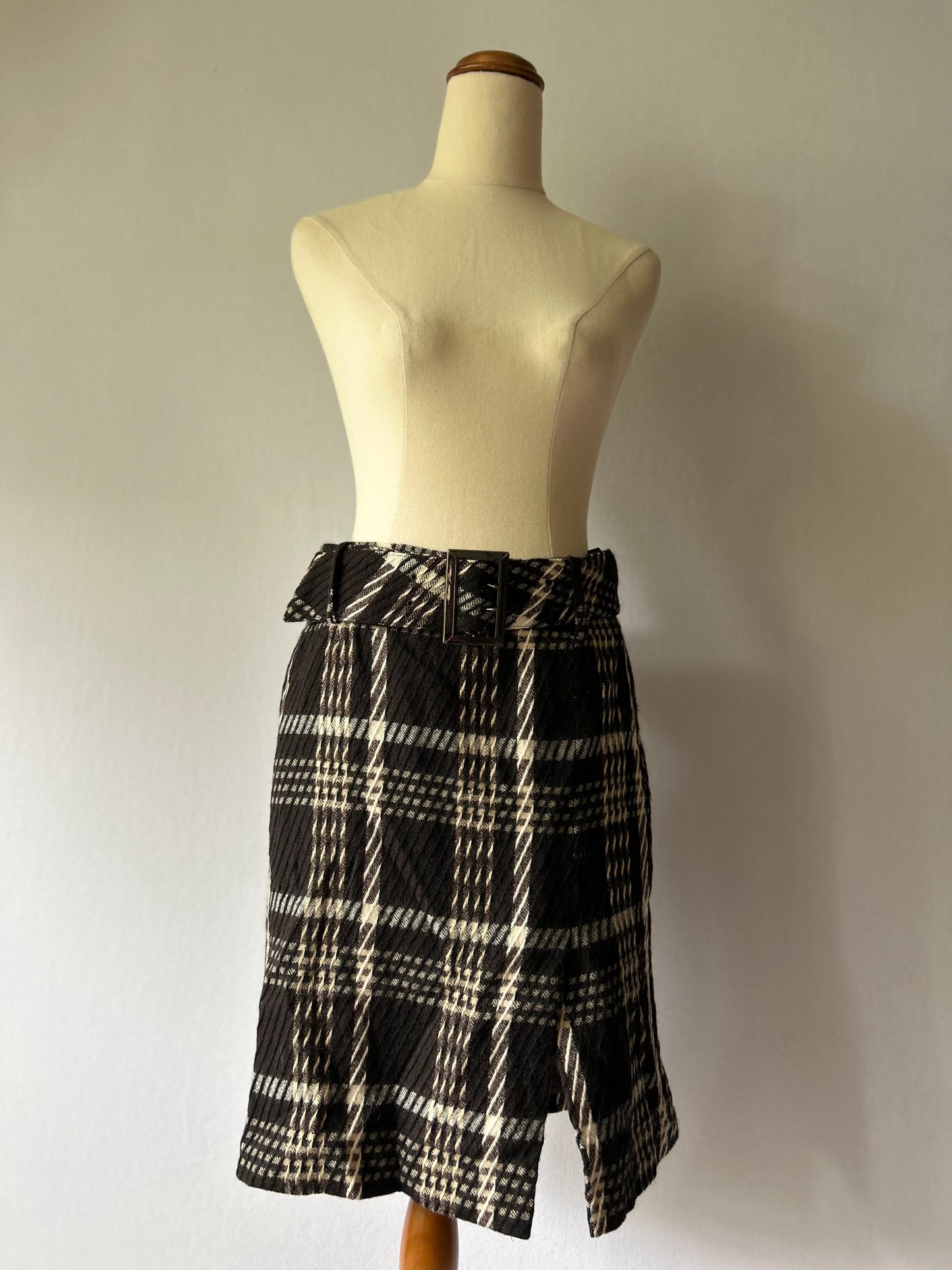 Textured Monochrome Check Belted Skirt – Size EUR 38 / US 4