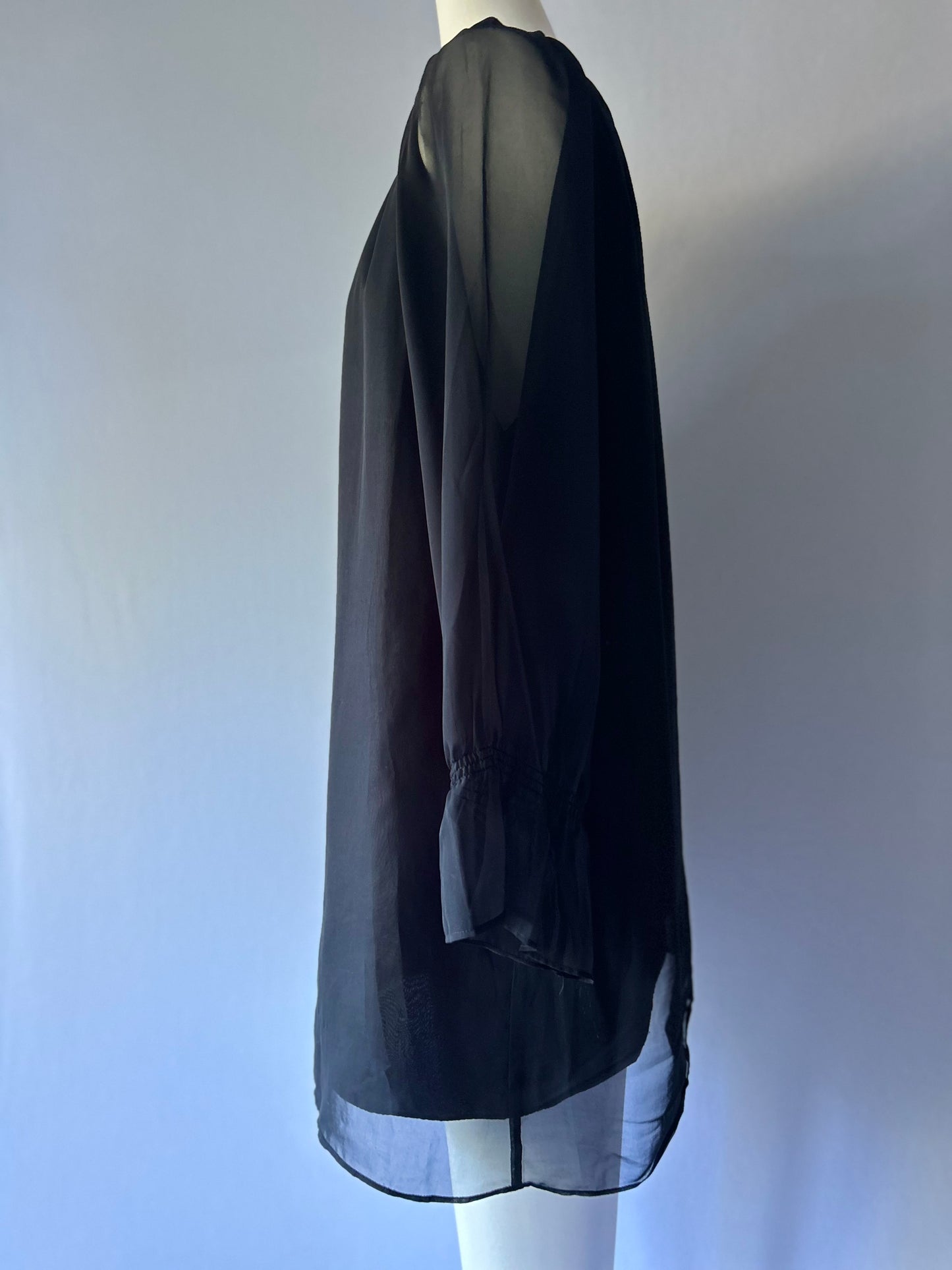 Romantic Black Chiffon-Style Layered Dress | Tie Neck | Size 12