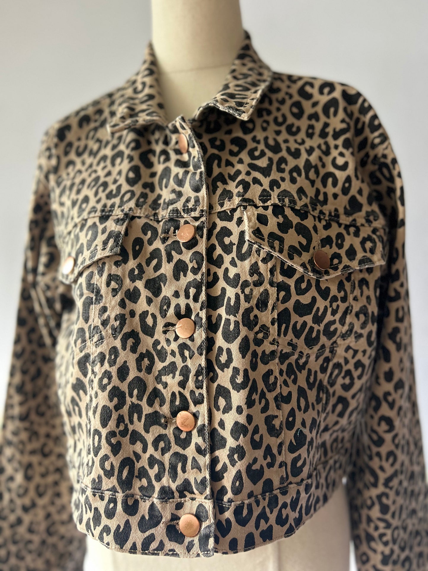 Cropped Leopard Print Denim Jacket - Size 10