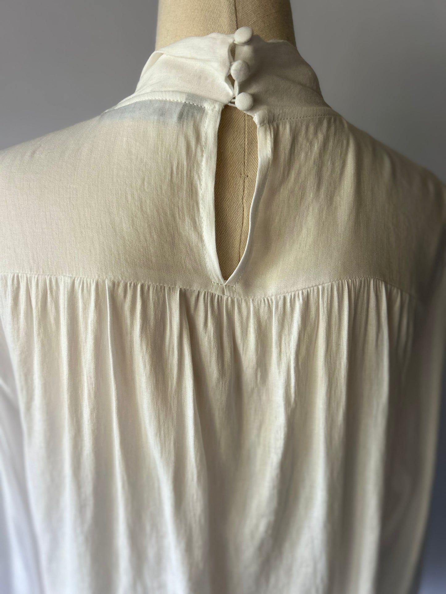 Zara Romantic Lace Insert Tie-Neck Blouse - White - Size L