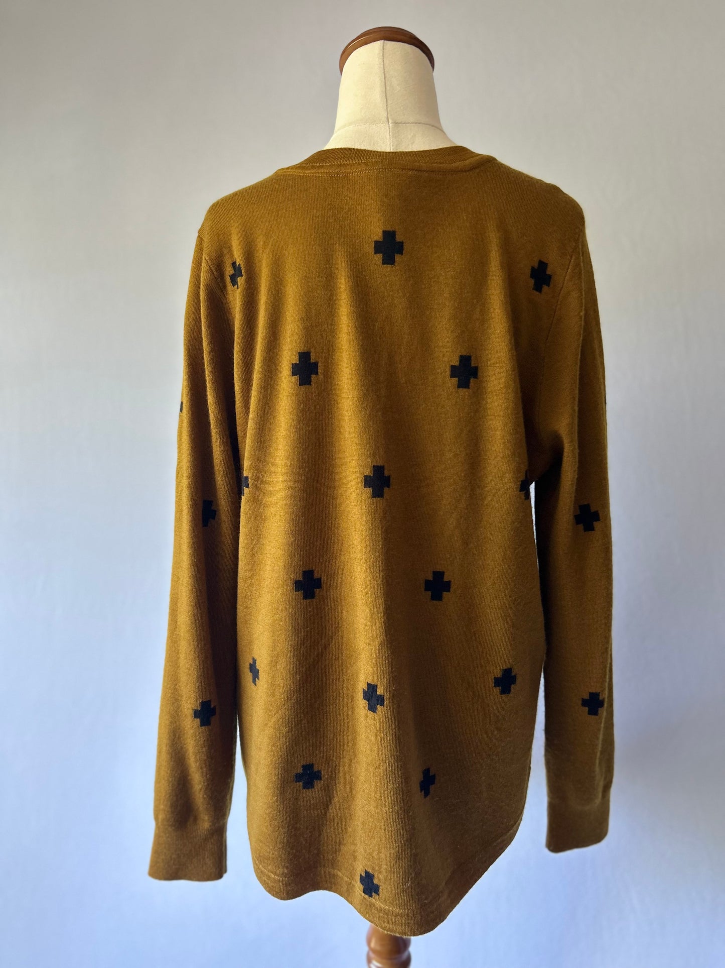Mustard Merino Wool Sweater with Black Cross Print – Size M, 100% Wool
