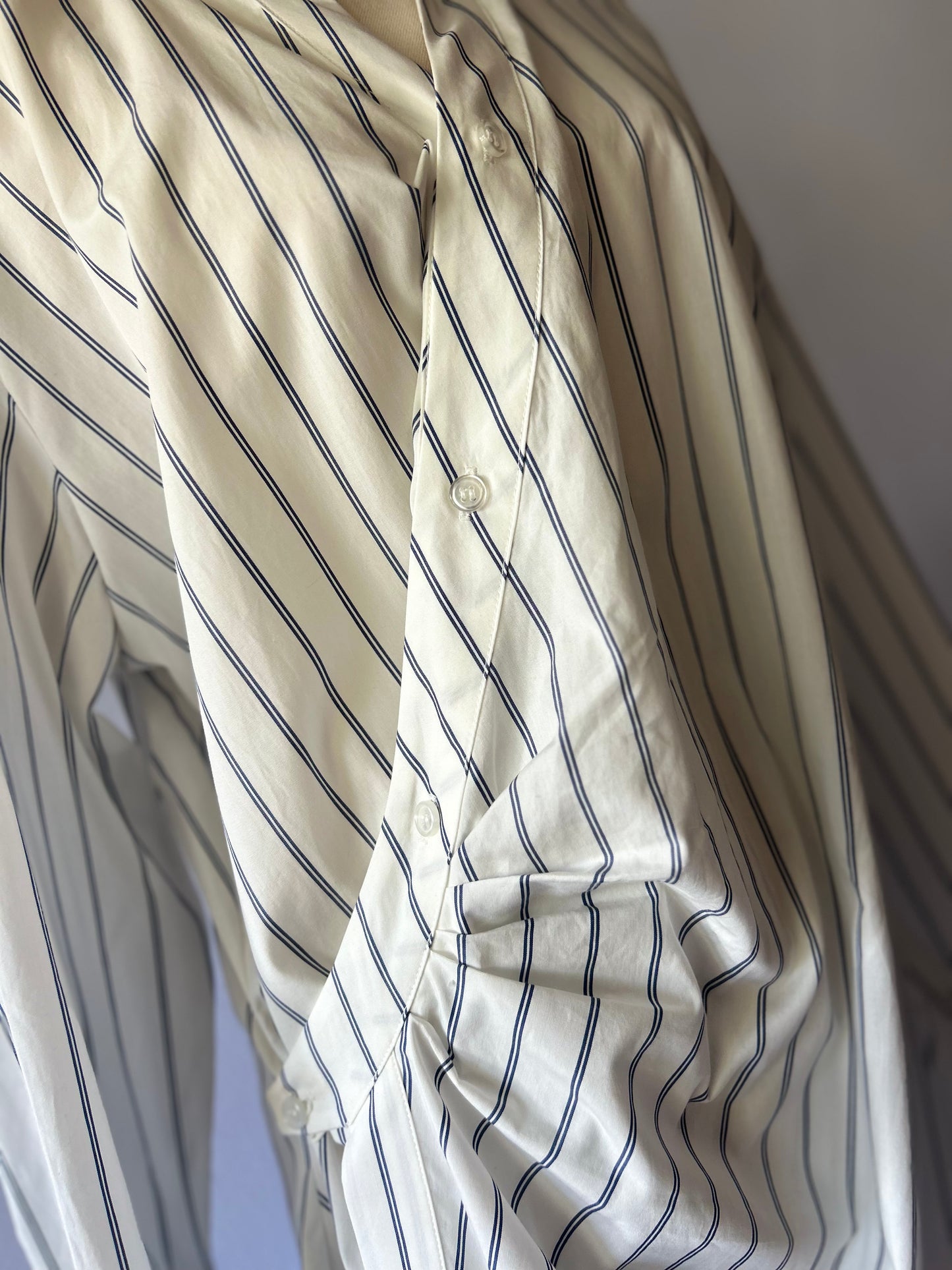 Striped White & Navy Gathered Wrap Style Shirt Dress - Size 14 (100% Cotton)