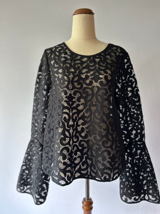 Country Road Guipure Lace Bell-Sleeve Blouse - Black - Size 12
