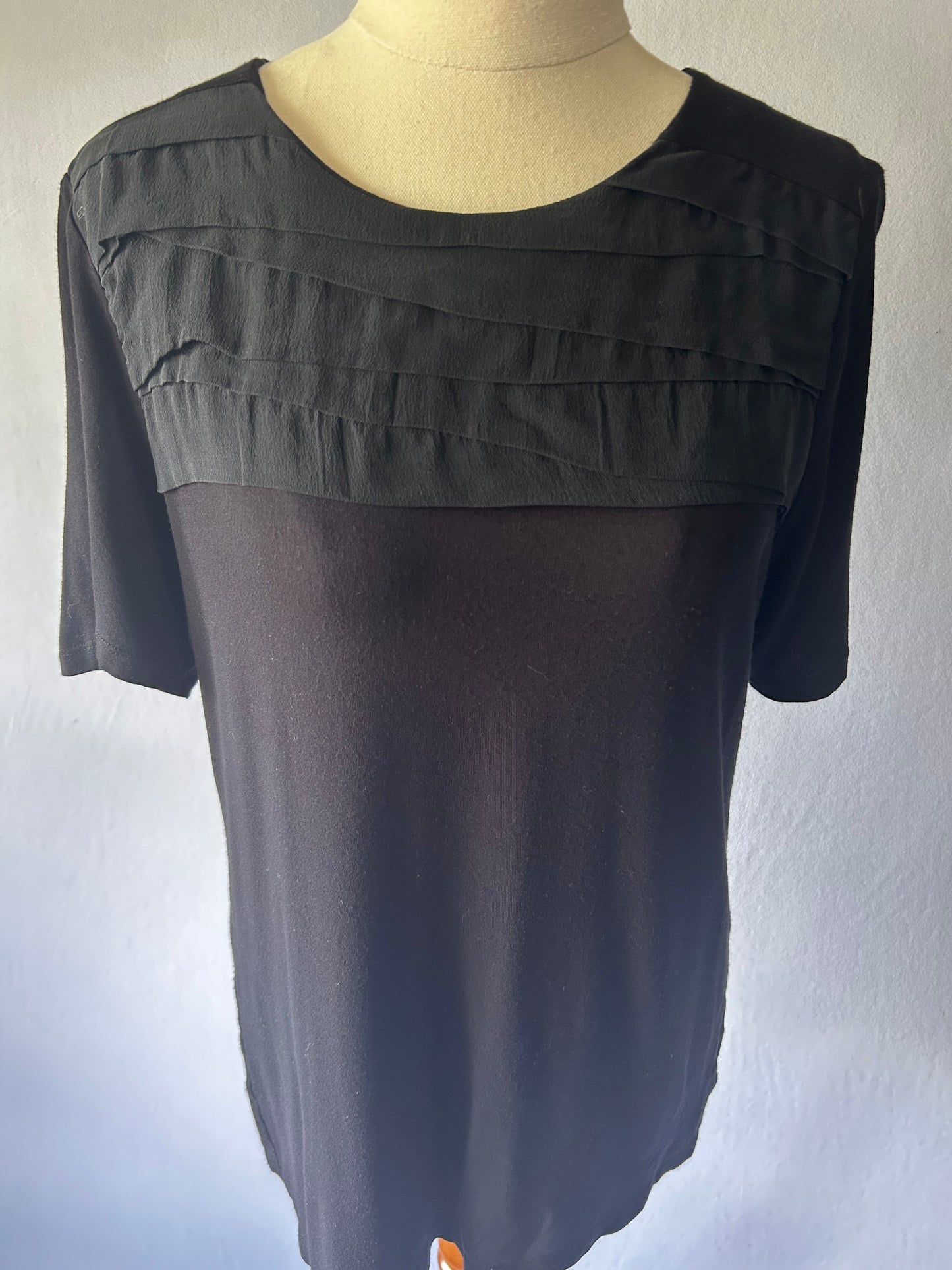 TOAT Black Top with Ruffle Detail – Size 10, Made in New Zealand, Viscose Blend