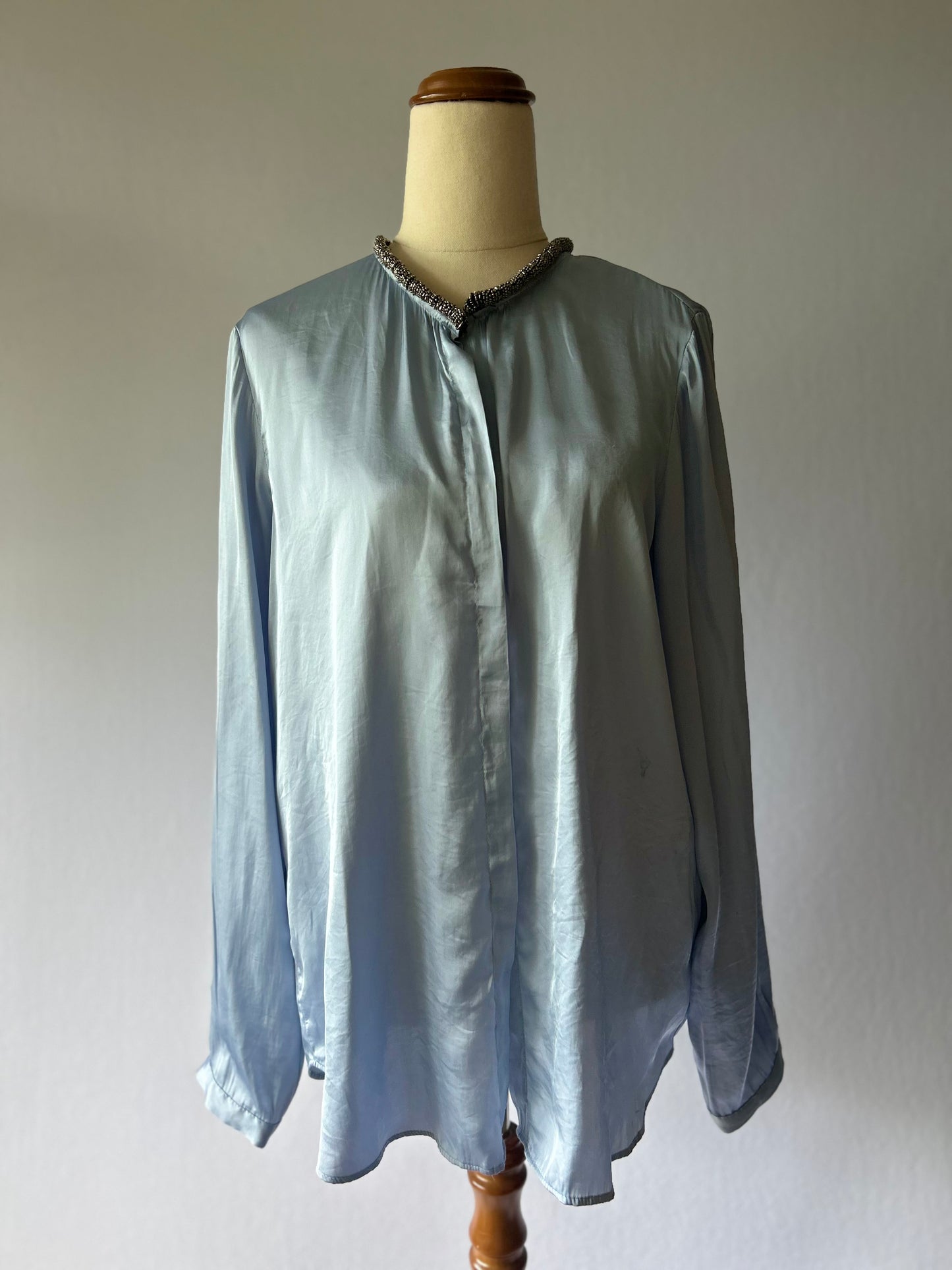Zara Embellished Collar Satin Blouse - Powder Blue - Size XL
