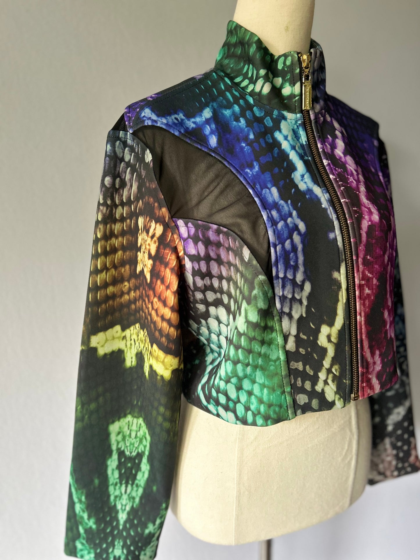 Vibrant Rainbow Snakeskin Cropped Zip-Up Jacket with Mesh Trims - Size Small