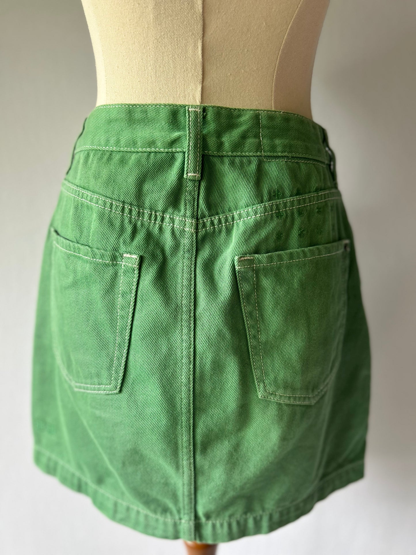 Retro Green Denim Mini Skirt - Size 8 (26" Waist)