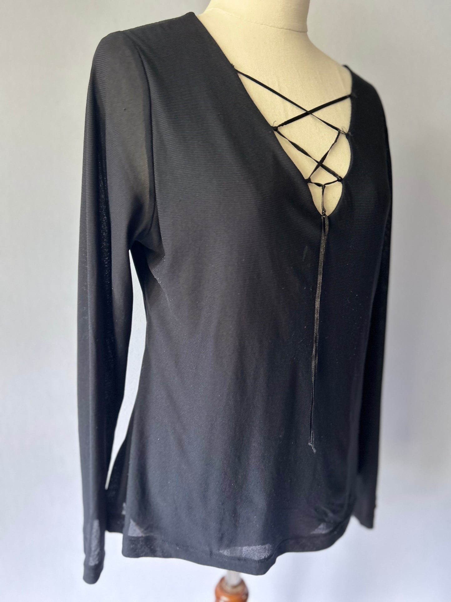 Staxs Black Lace-Up V-Neck Long Sleeve Top – Size 16