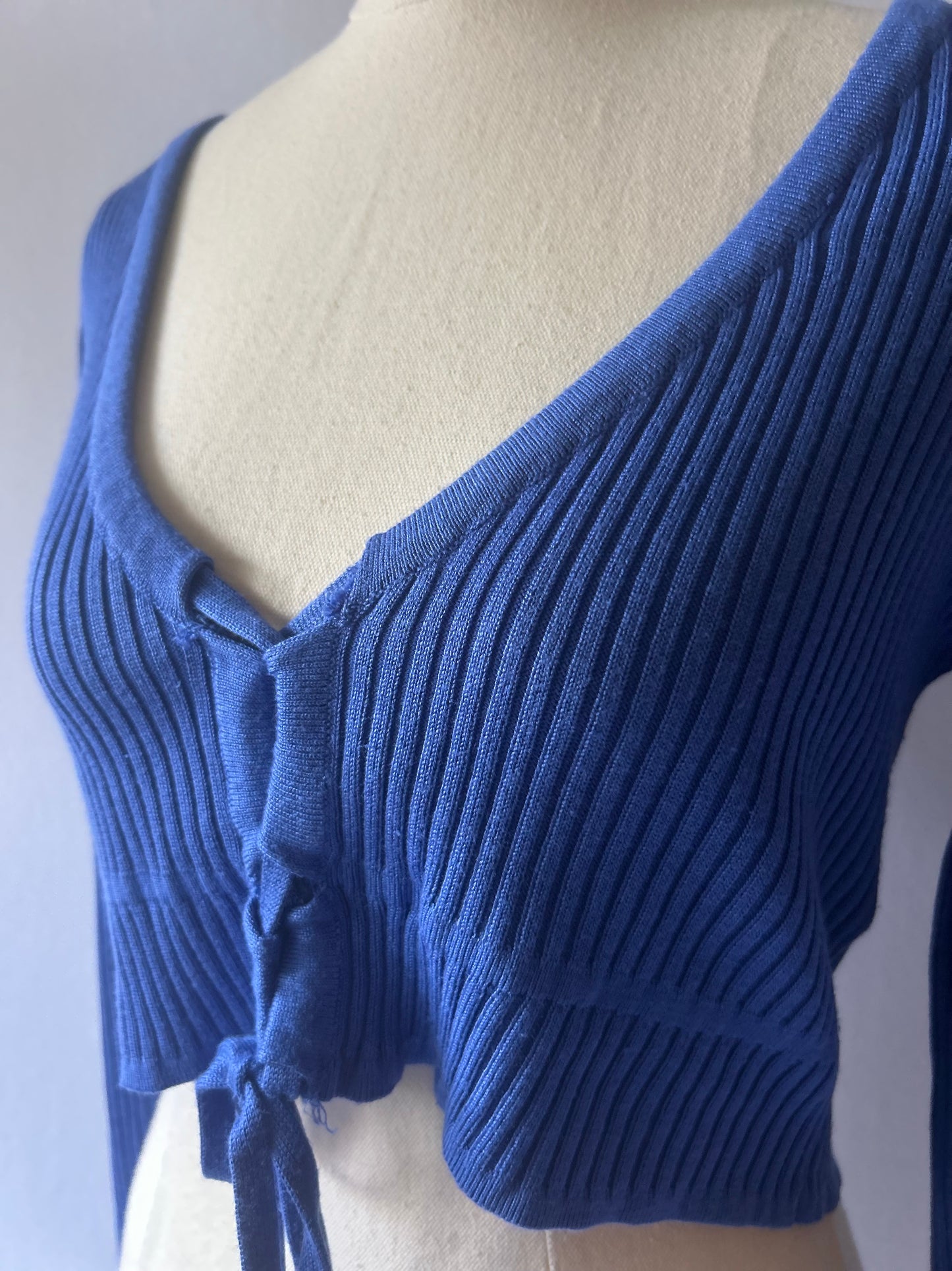 Cornflower Blue Ribbed Tie-Front Cropped Cardigan - Size L