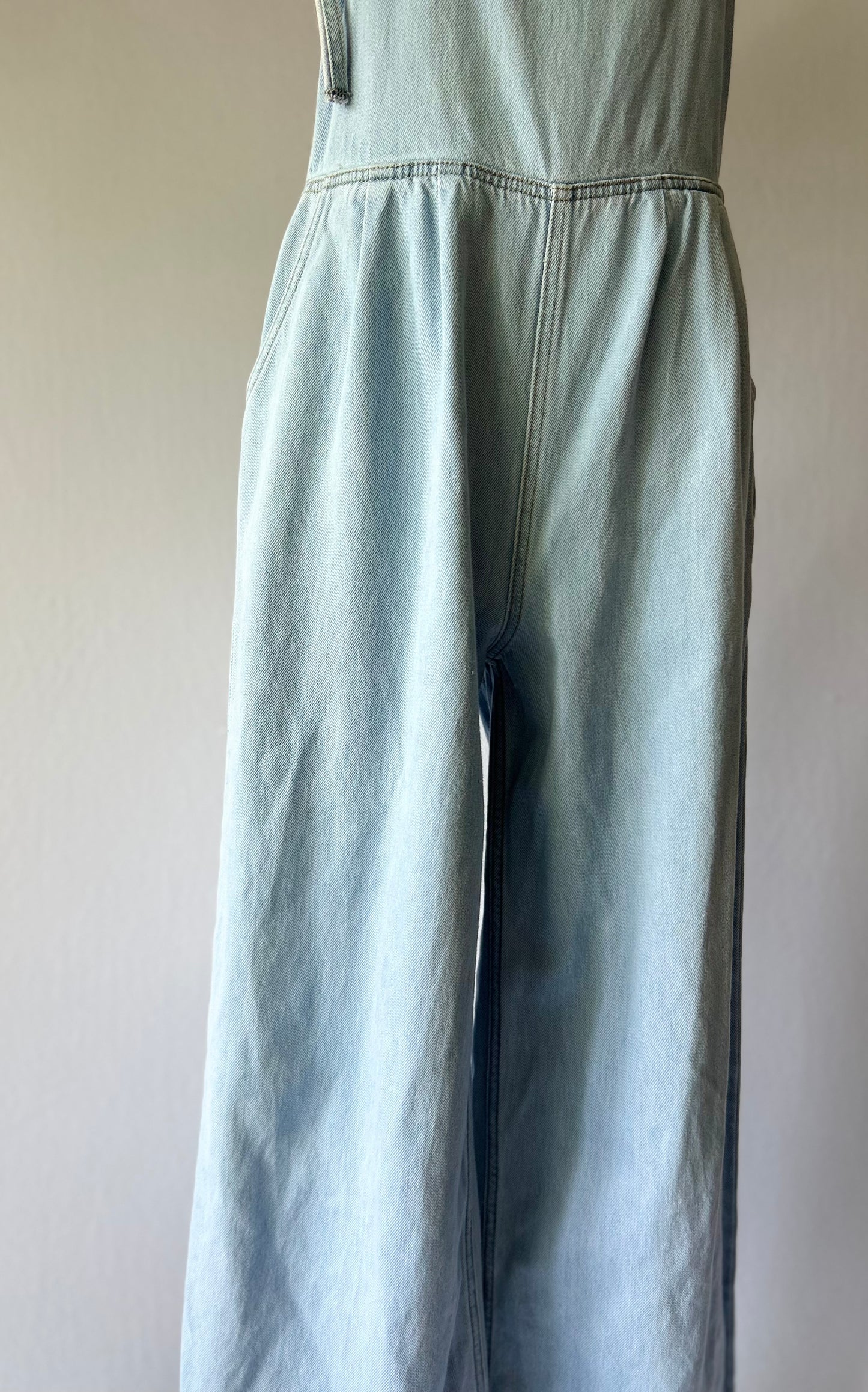 Light Wash Wide-Leg Denim Jumpsuit with Tie Straps