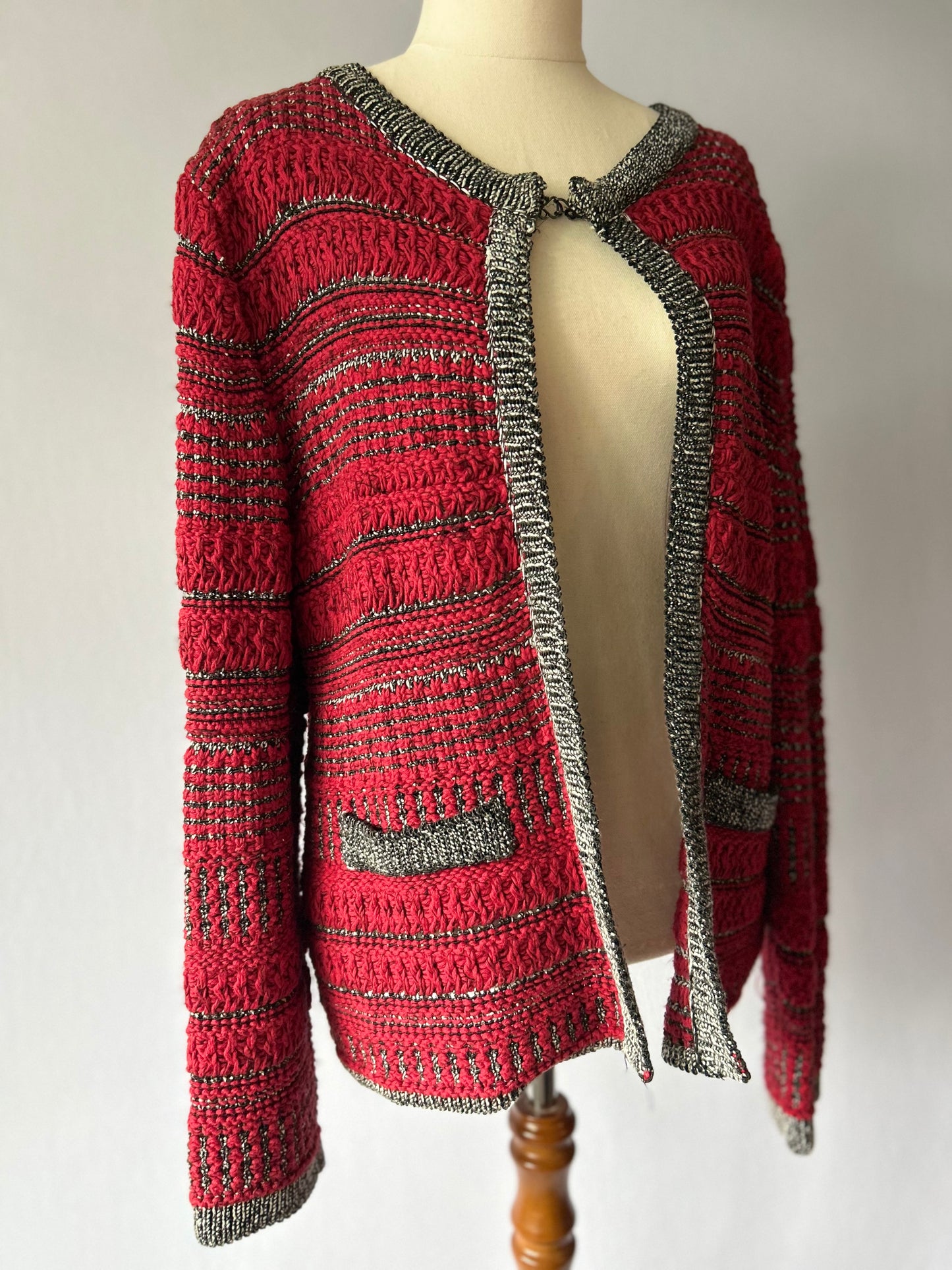 Textured Knit Lady Jacket - Crimson & Metallic Gray - Size XL