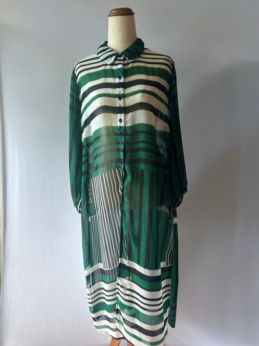 Coco&Belle Graphic Mixed-Stripe Sheer Chiffon Chemise Dress - Green & Black - Size 12