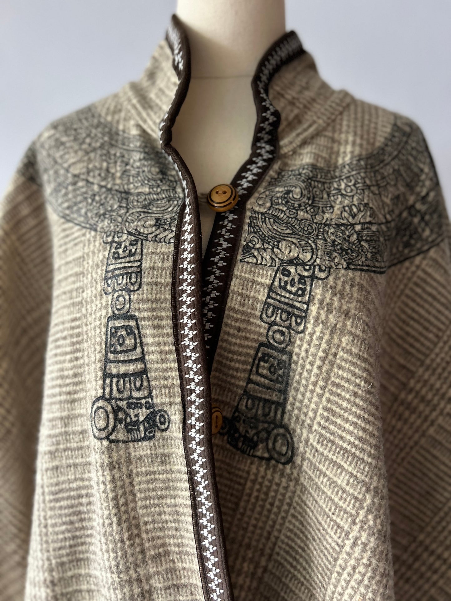 Folk-Art Heritage Knit Cape Poncho - Earthy Oatmeal & Brown - One Size