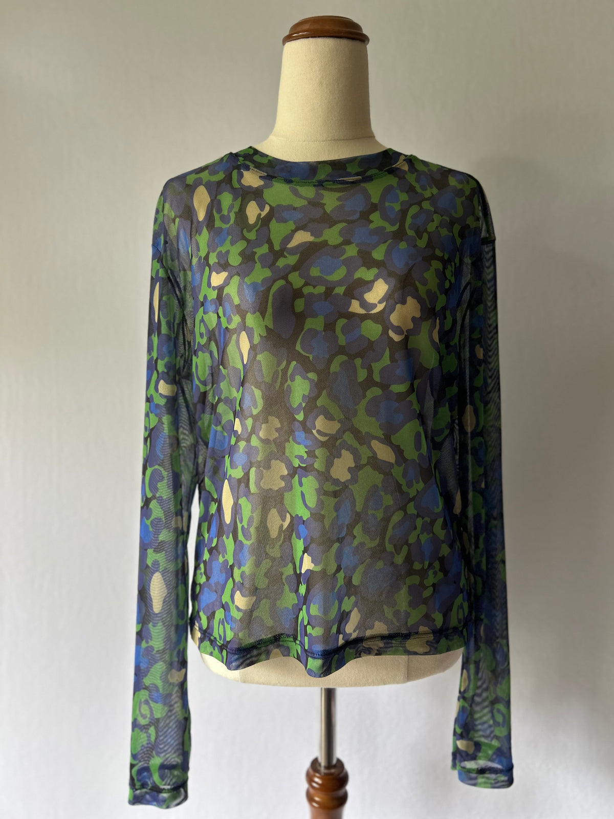 Abstract Print Sheer Mesh Long Sleeve Top — Size XL