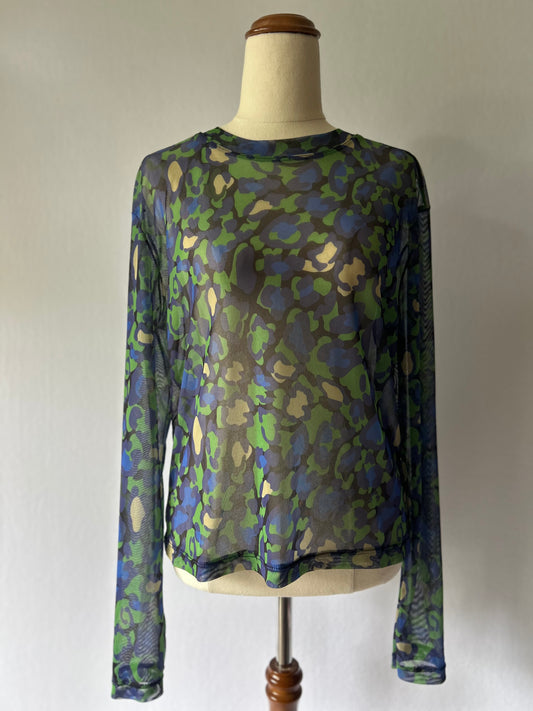 Abstract Print Sheer Mesh Long Sleeve Top — Size XL