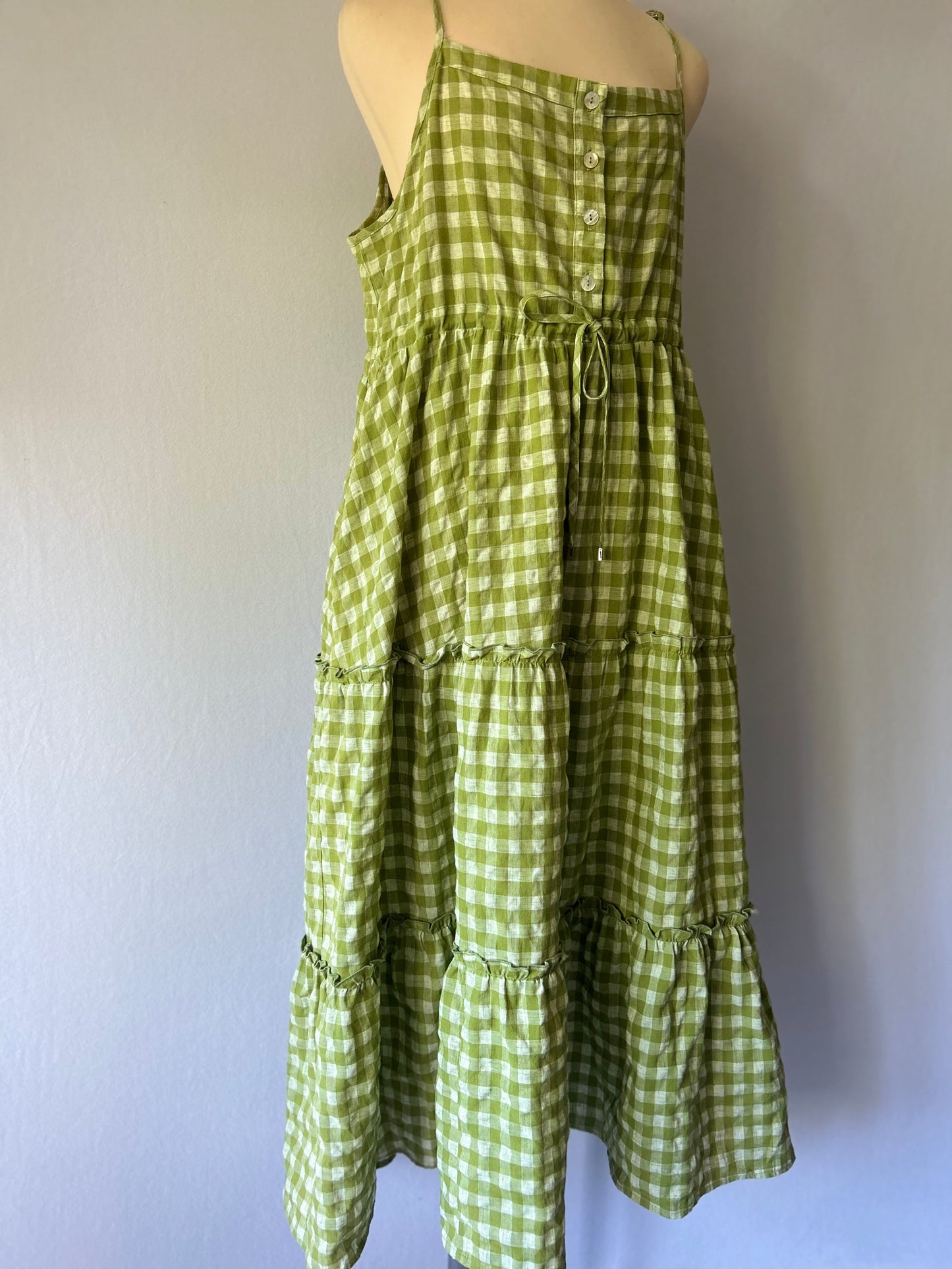 Sage Green Gingham Tiered Linen-Blend Maxi Dress - Size L