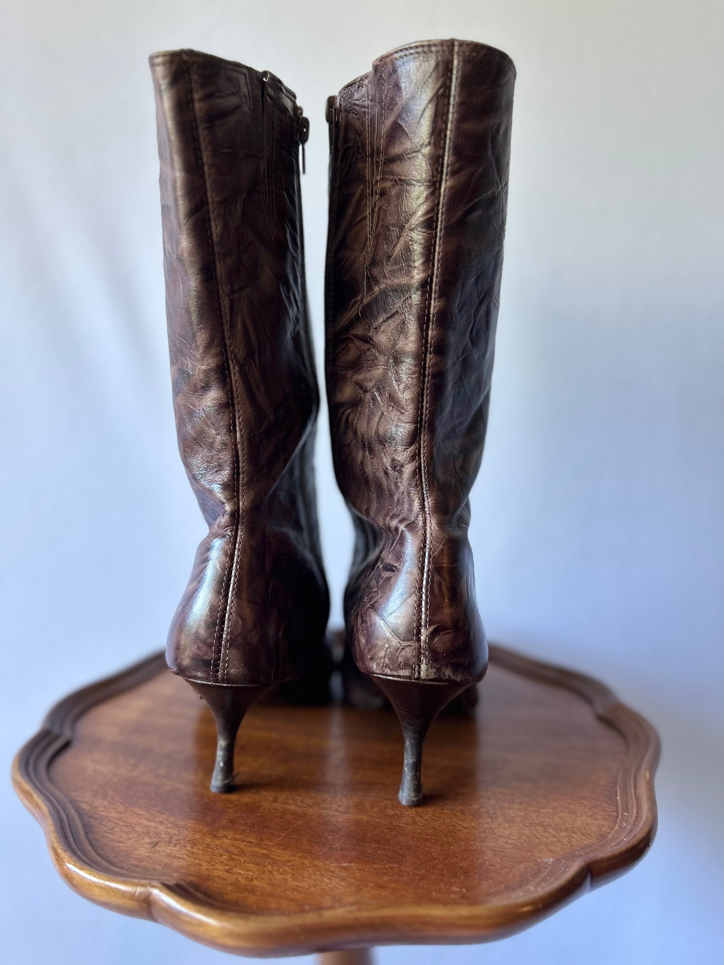 Chocolate Brown Crinkled Leather Pointed-Toe Boots - Size EUR 40