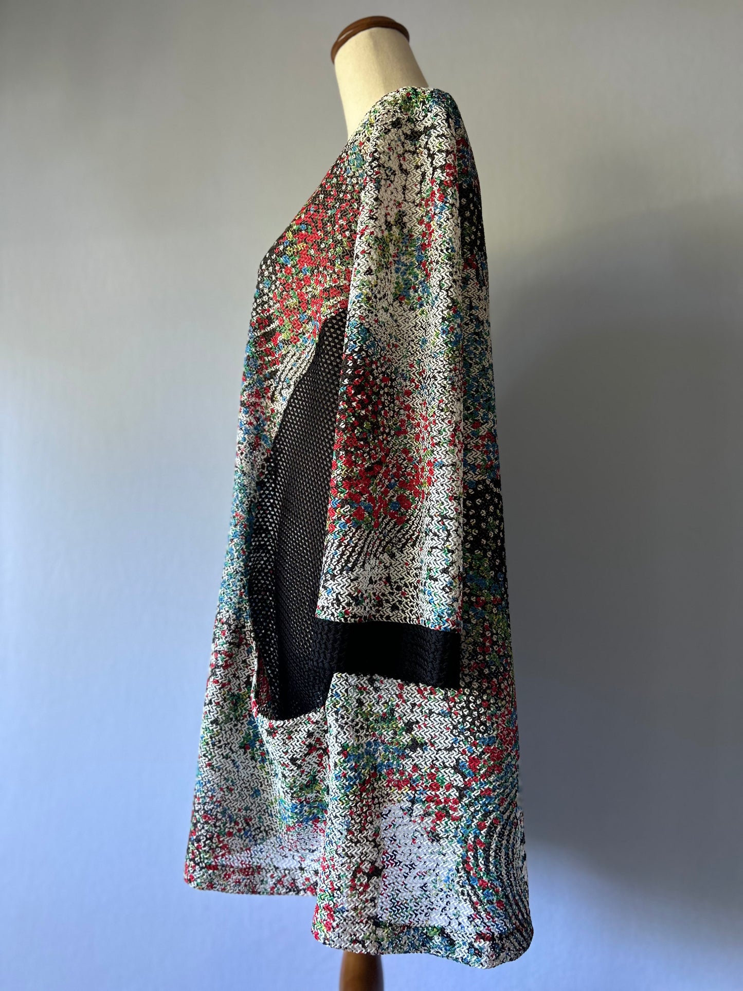 Joseph Ribkoff Abstract Multi-Color Knit Cardigan with Mesh Panels - Size 16
