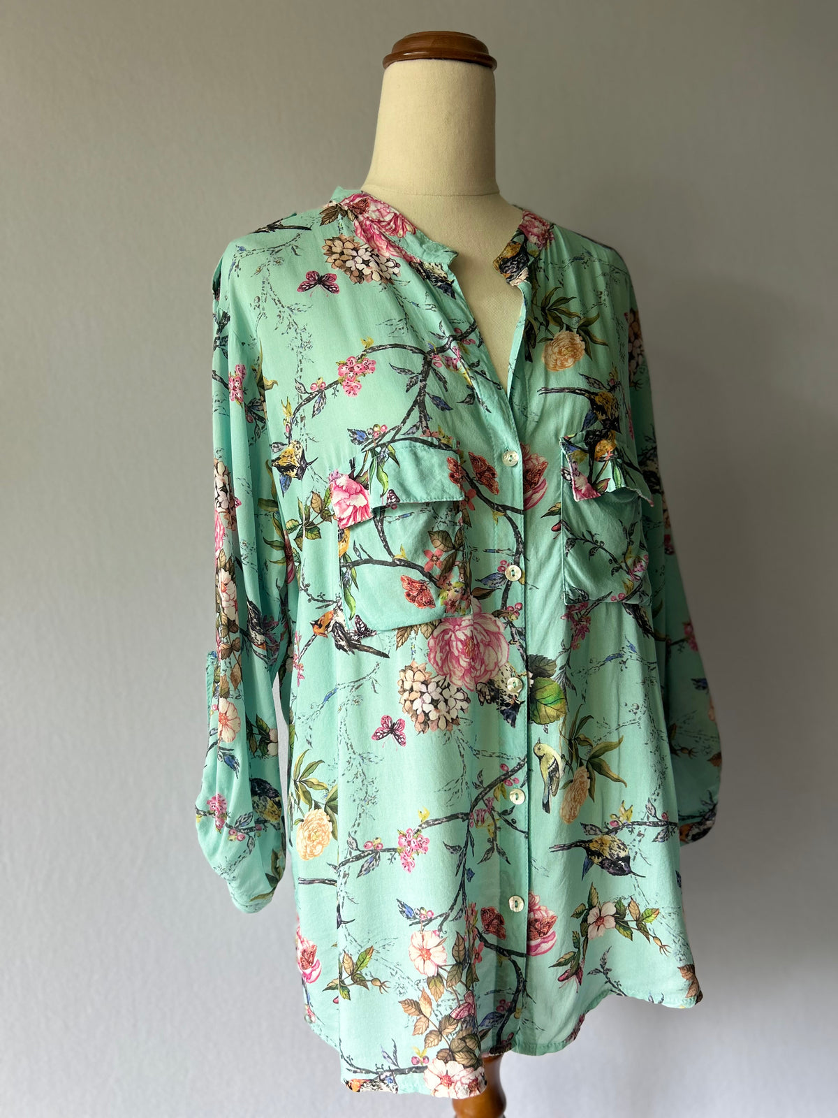 Mint Green Floral & Bird Print Viscose Shirt – Size L