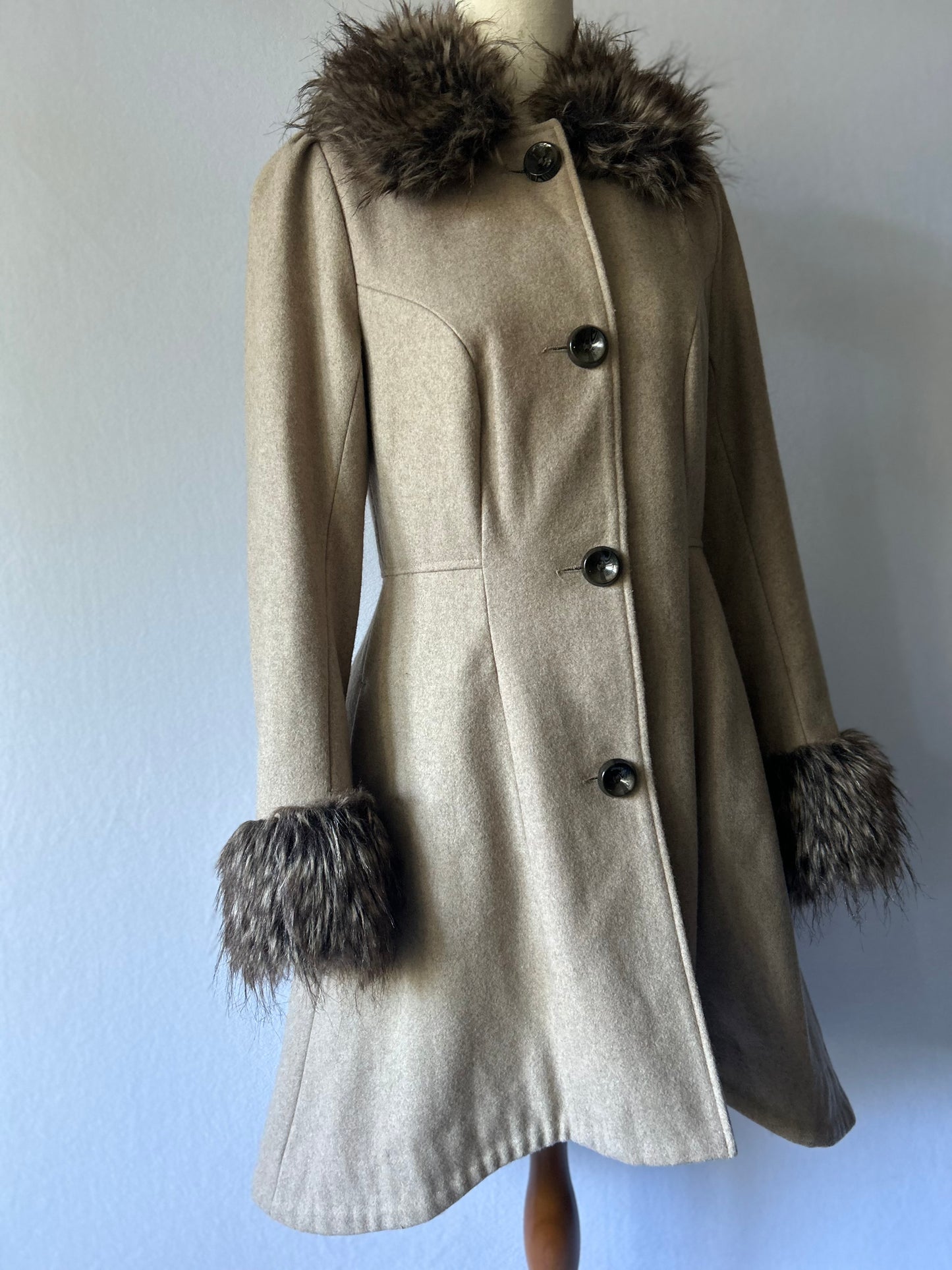 Vintage-Style Faux Fur Trimmed Wool-Blend Princess Coat - Size 8