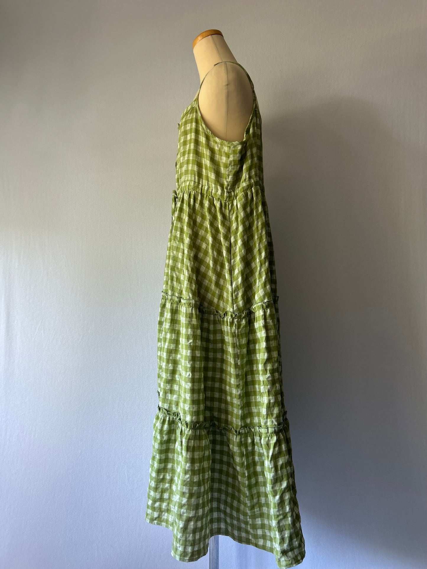 Sage Green Gingham Tiered Linen-Blend Maxi Dress - Size L