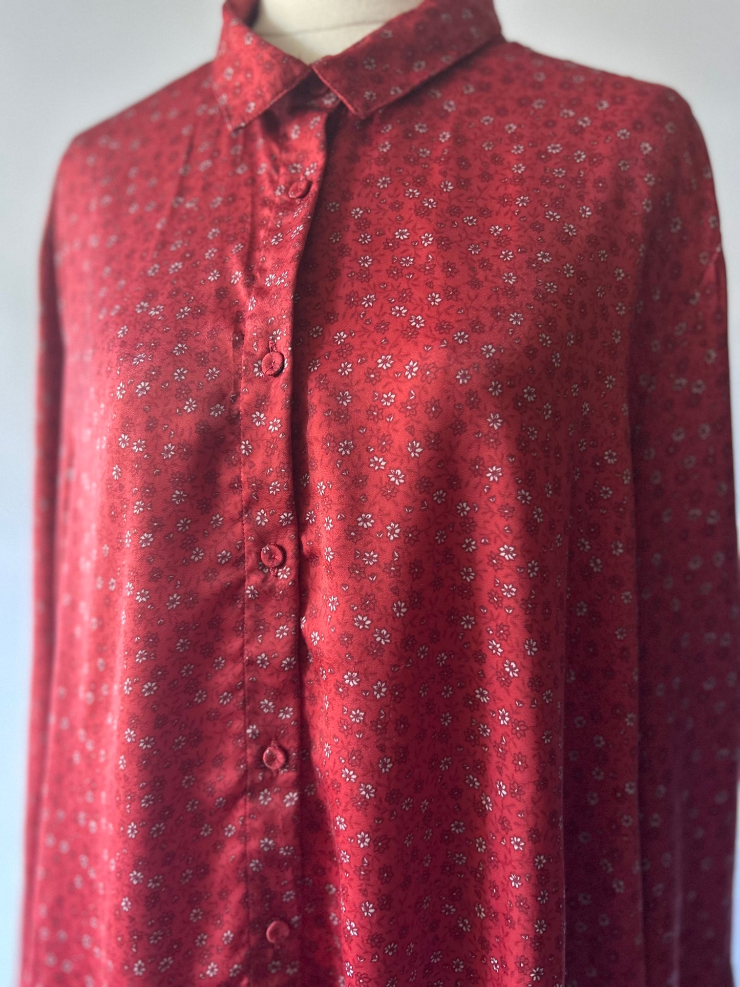 Red Printed Button-Up Shirt – Size 14, 100% Polyester