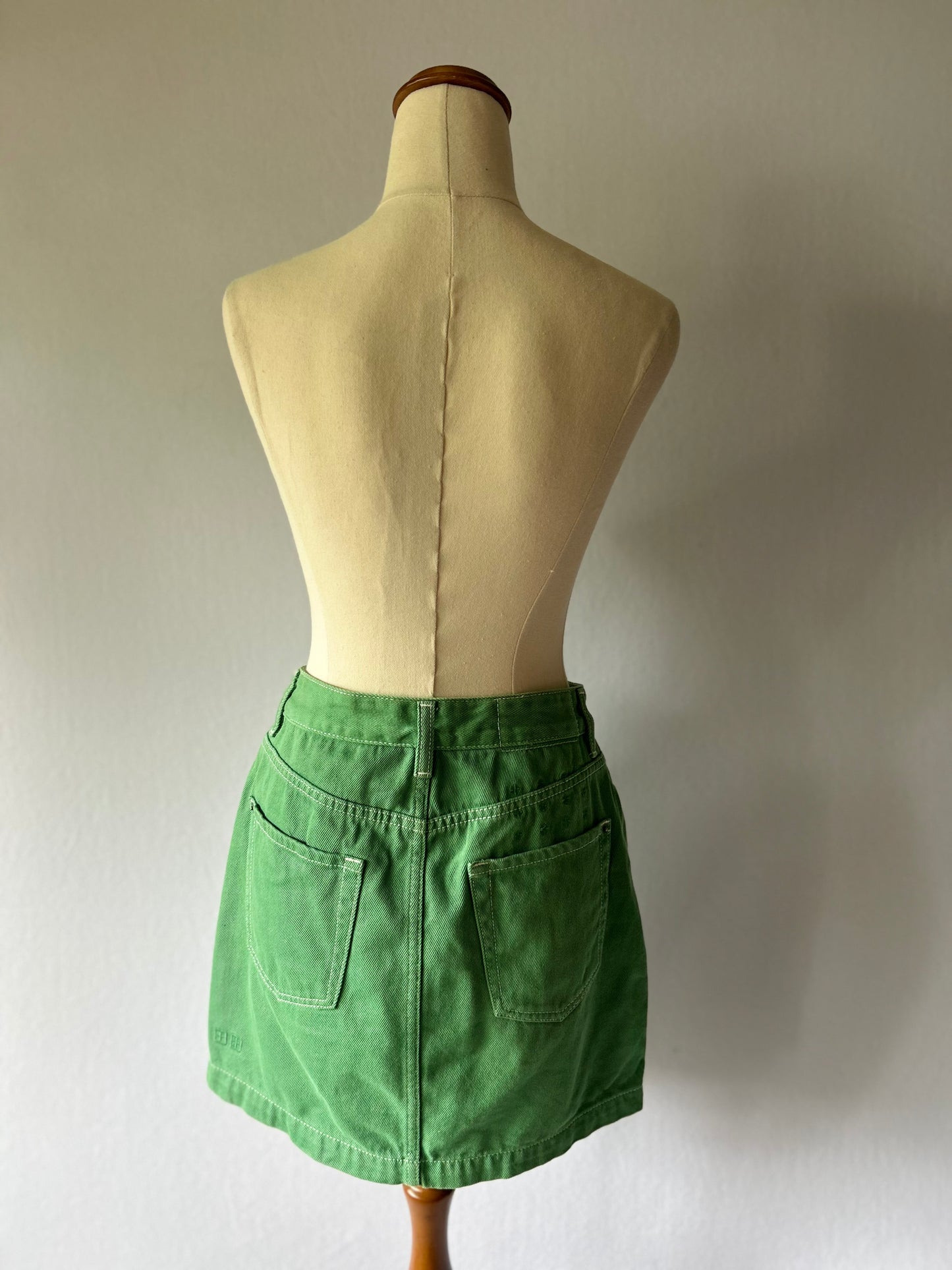 Retro Green Denim Mini Skirt - Size 8 (26" Waist)