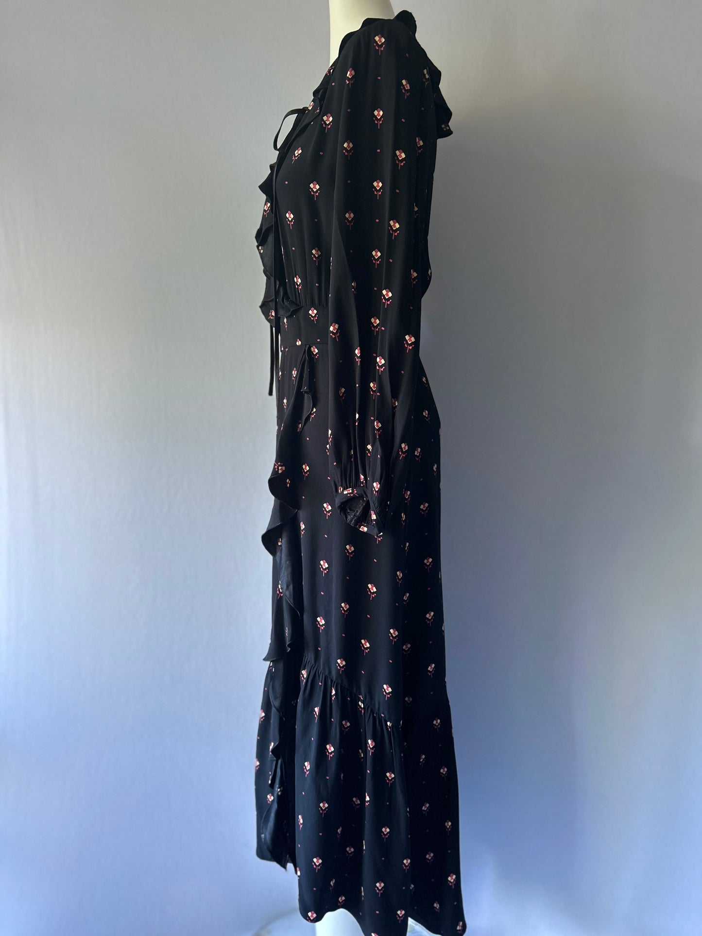 Cue Black Floral Ruffle Midi Dress - Size 10