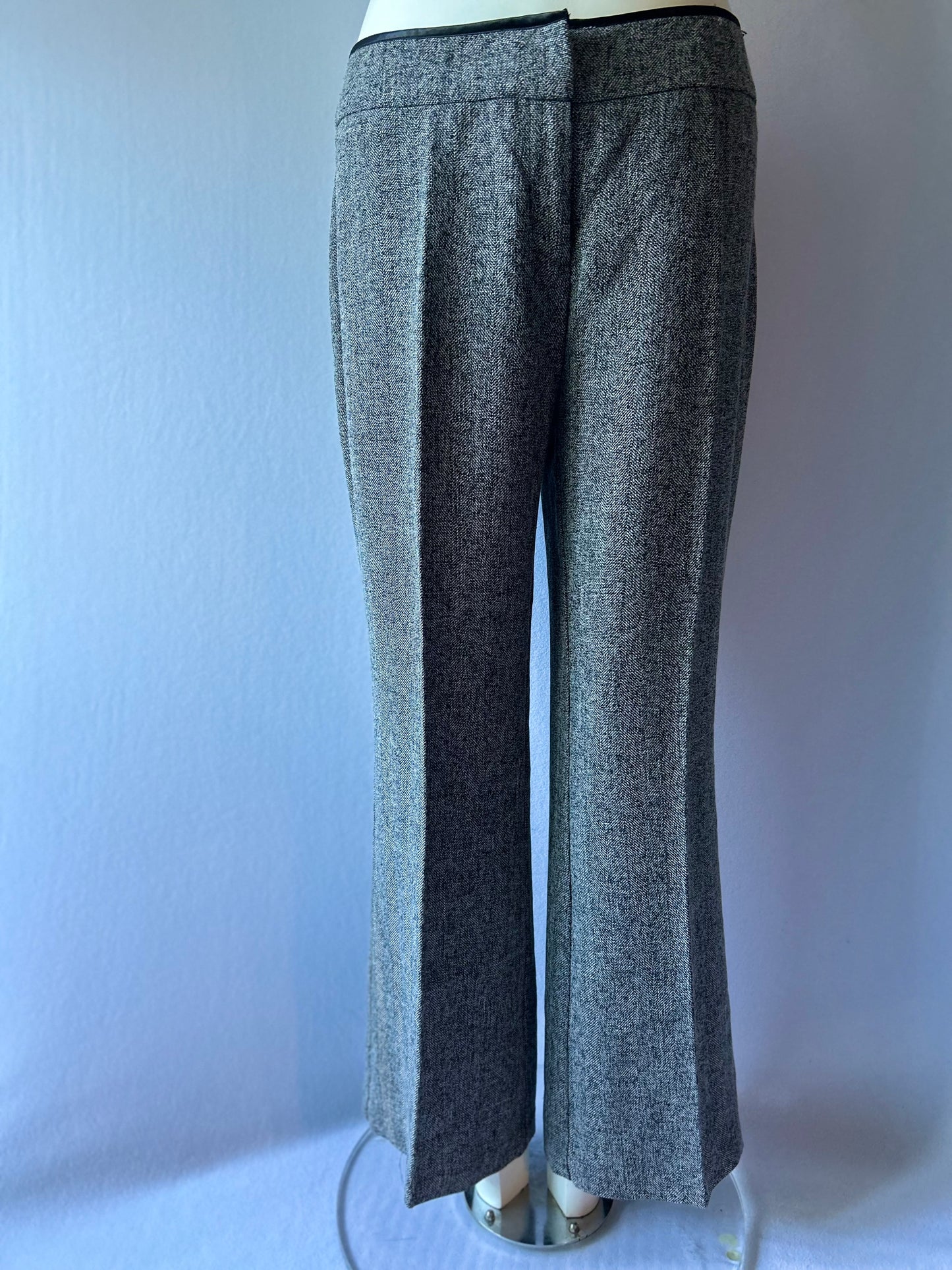 Monochrome Tweed-Look Tailored Trousers with Faux-Leather Trim - Size 12