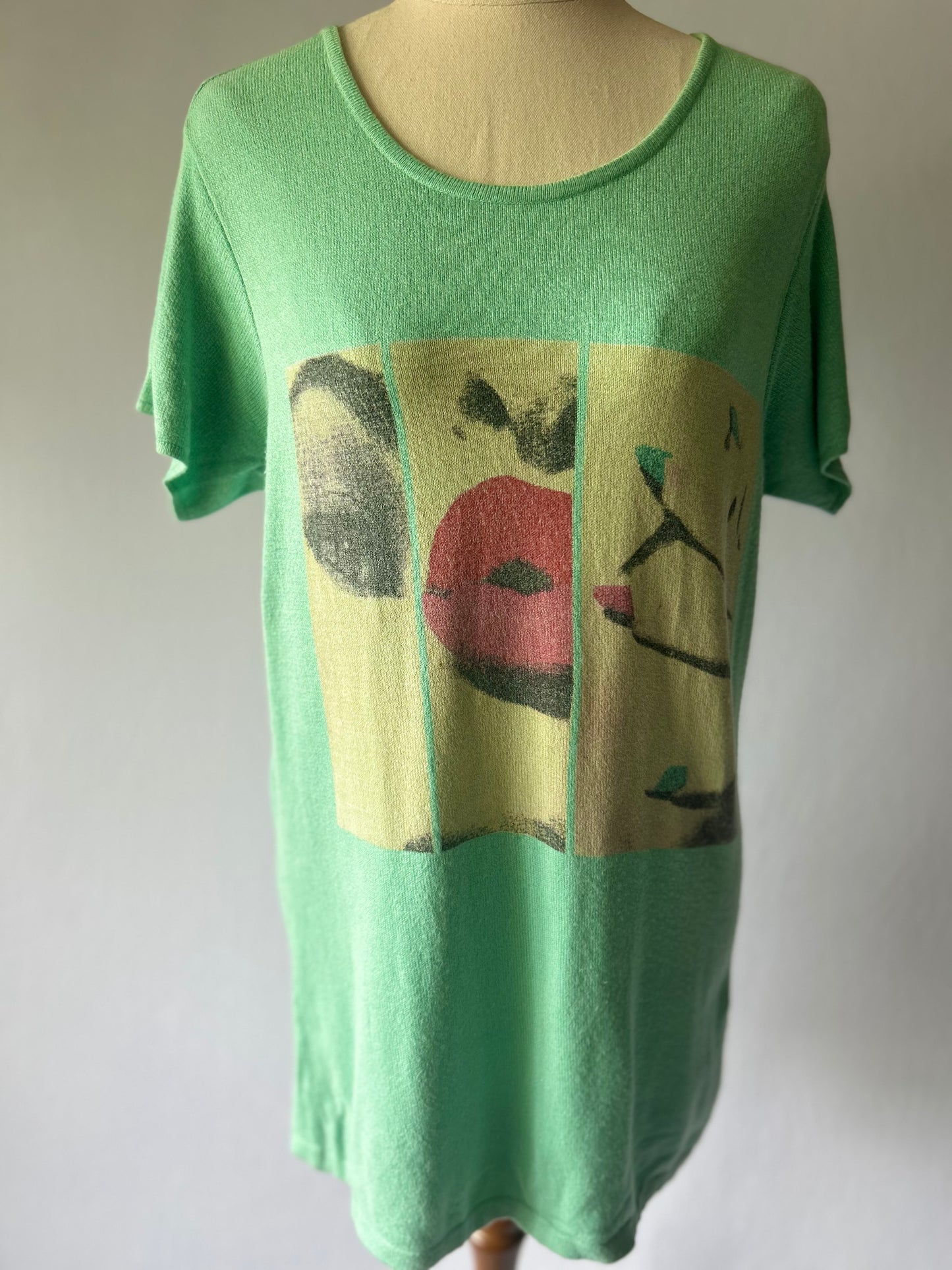 Aqua Green T-Shirt with Abstract Female Print – Size M, Viscose Nylon Blend
