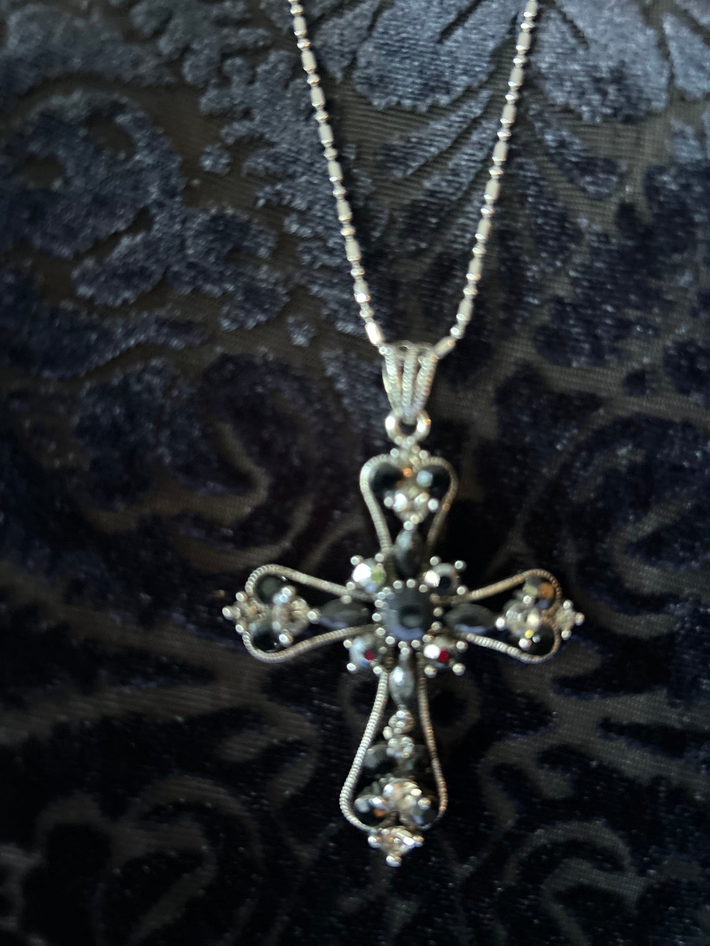 Vintage Whimsigoth Embellished Silver & Black Crystal Cross Long Necklace