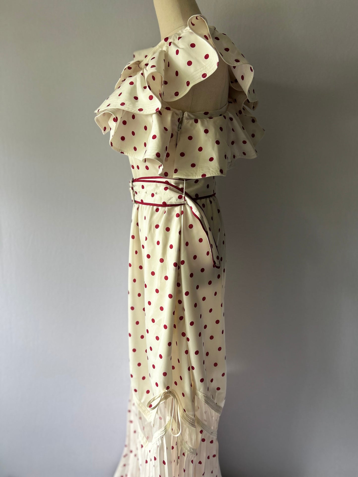 Satin Polka Dot One-Shoulder Ruffle Dress | Cream & Burgundy | UK 8, new with tag
