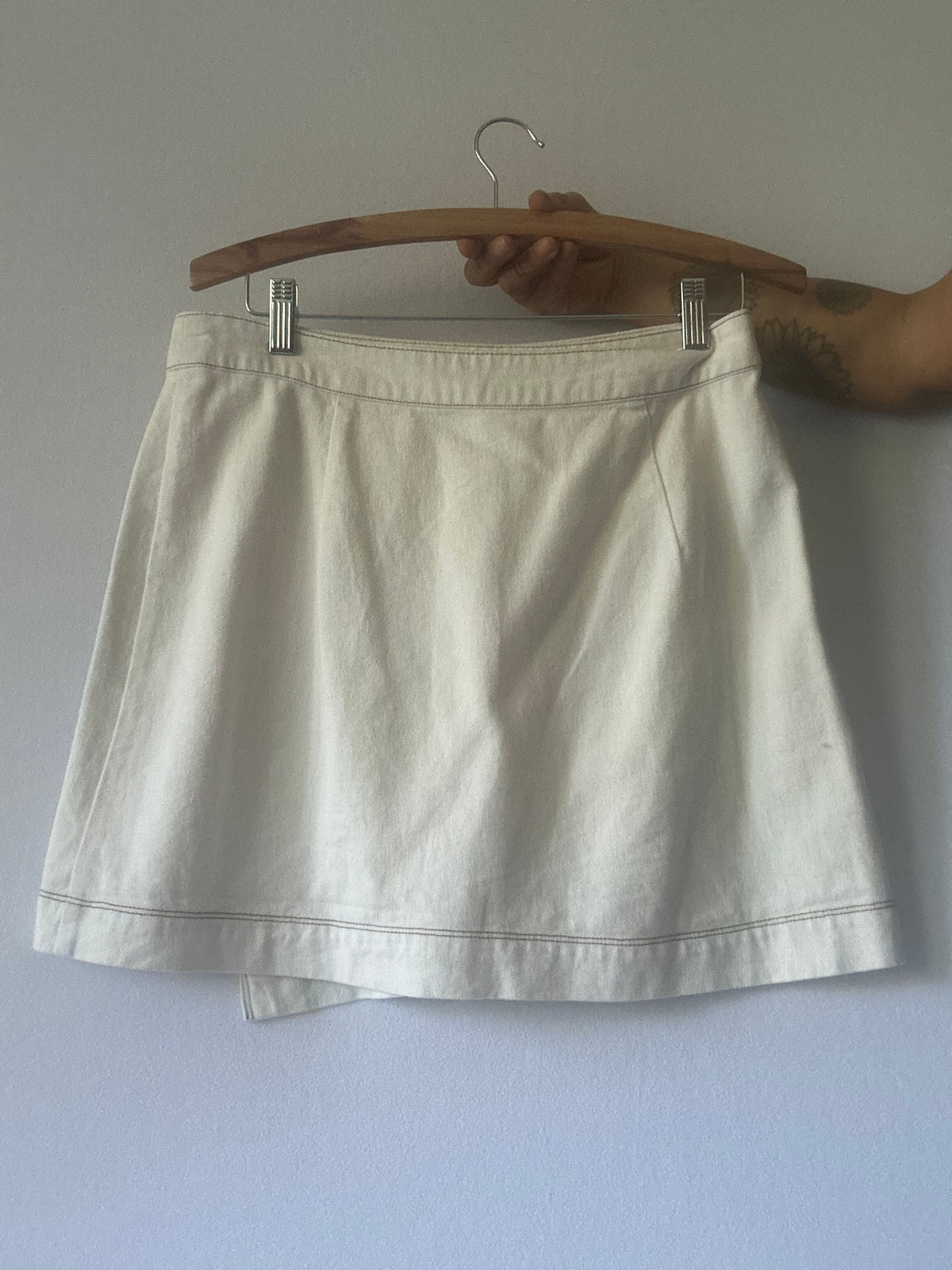 Off-White Denim Wrap Mini Skirt with Contrast Stitching - Size 12