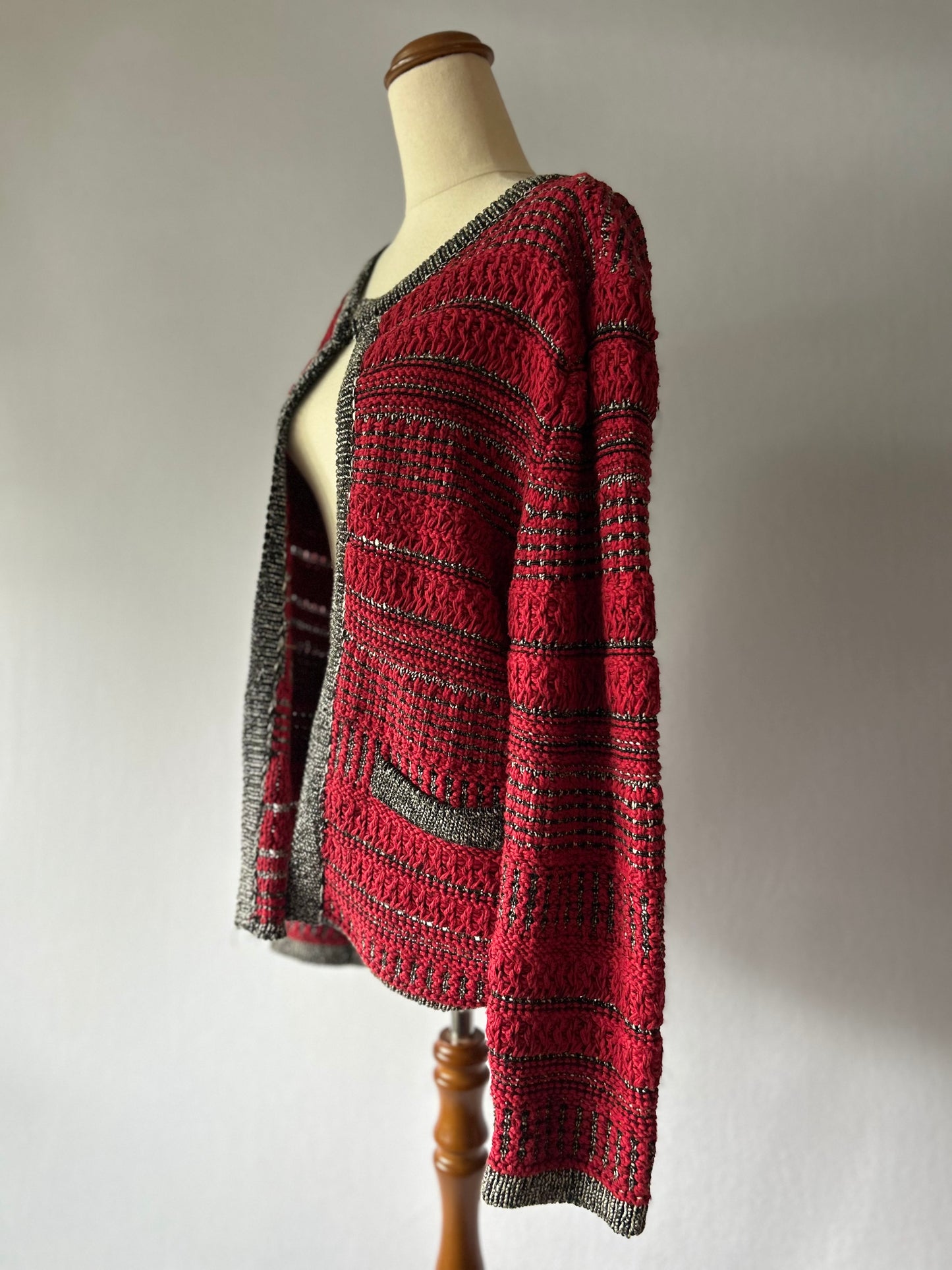Textured Knit Lady Jacket - Crimson & Metallic Gray - Size XL