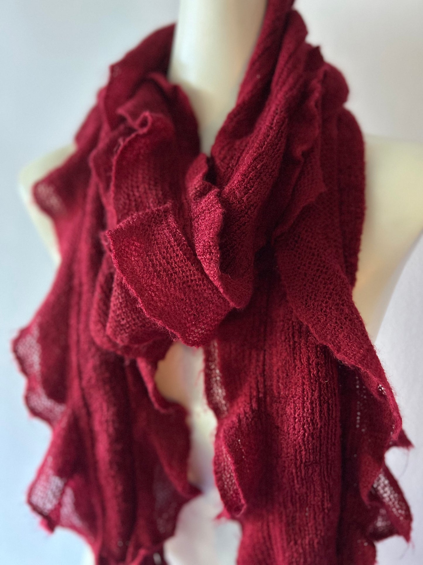 Romantic Lightweight Ruffled Edge Knit Scarf - Crimson Burgundy
