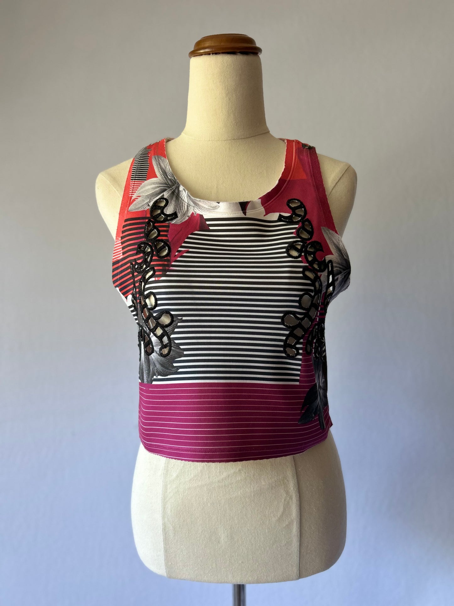 Vibrant Floral & Stripe Cropped Tank Top (Size Small)