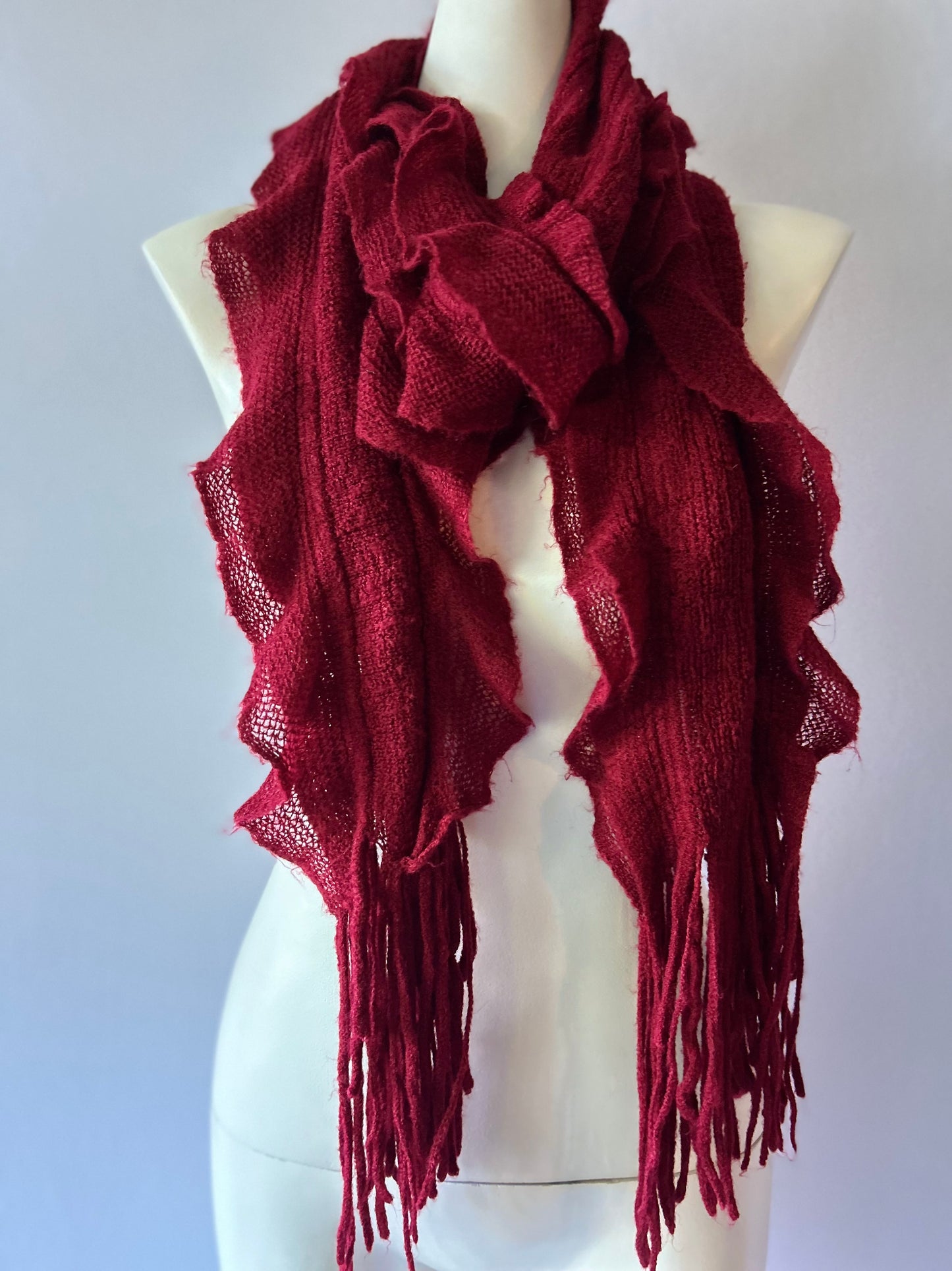 Romantic Lightweight Ruffled Edge Knit Scarf - Crimson Burgundy