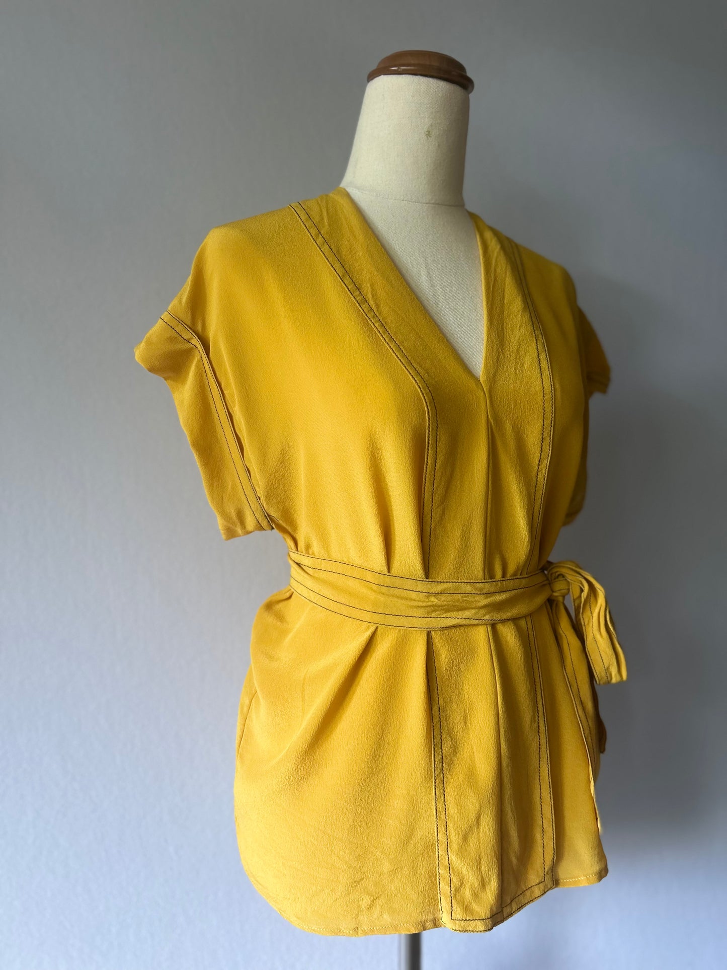 Mustard Yellow Silk Kimono-Style Belted Top - Size L