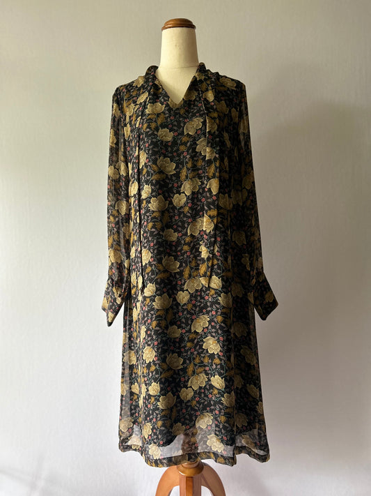 Vintage Jendi Dark Floral Tie-Neck Chiffon Midi Dress - Size 12