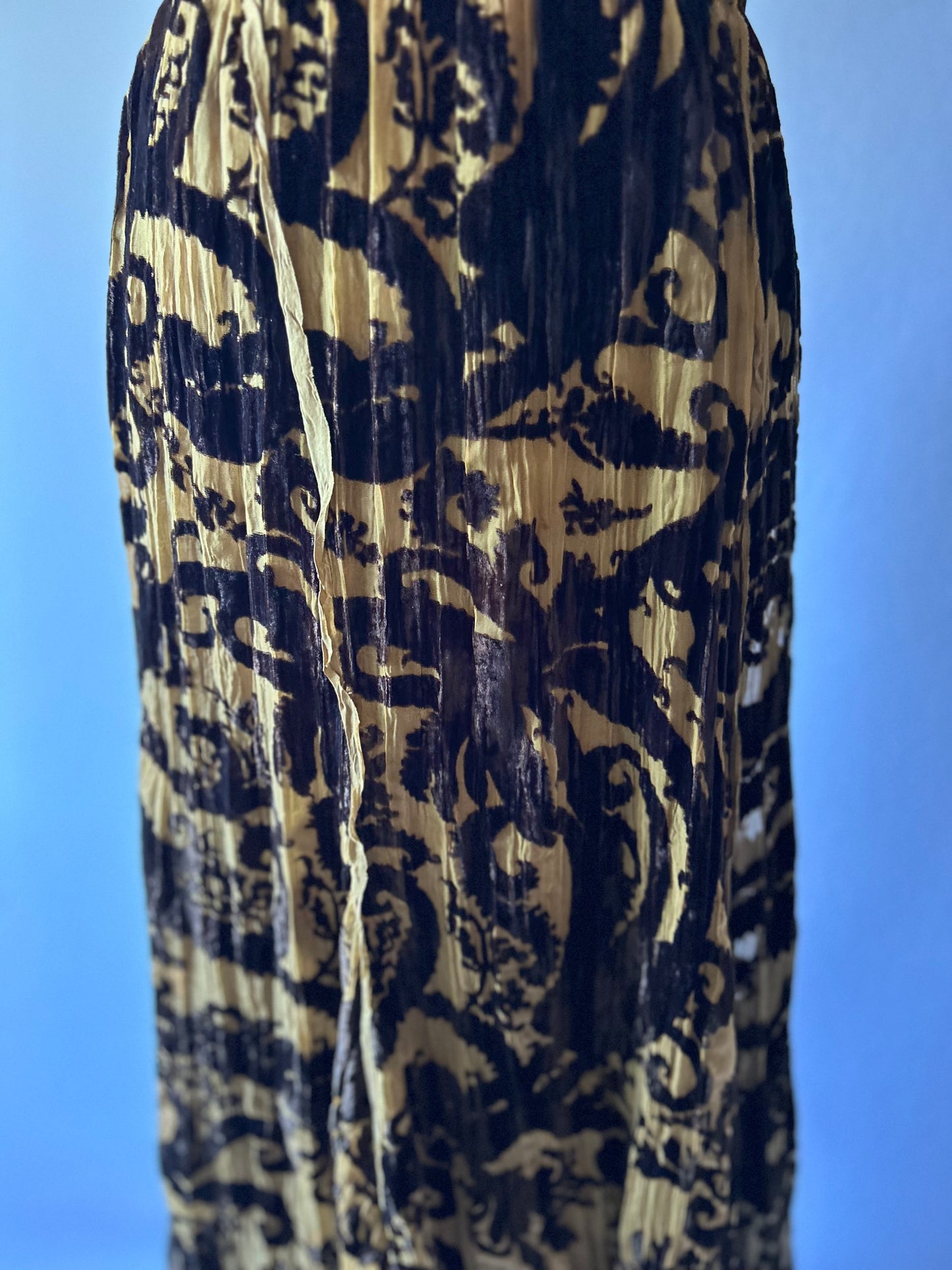 Verge Printed Plissé Maxi Skirt - Size 10 | Silk Trim & Velvet Devoré Detail