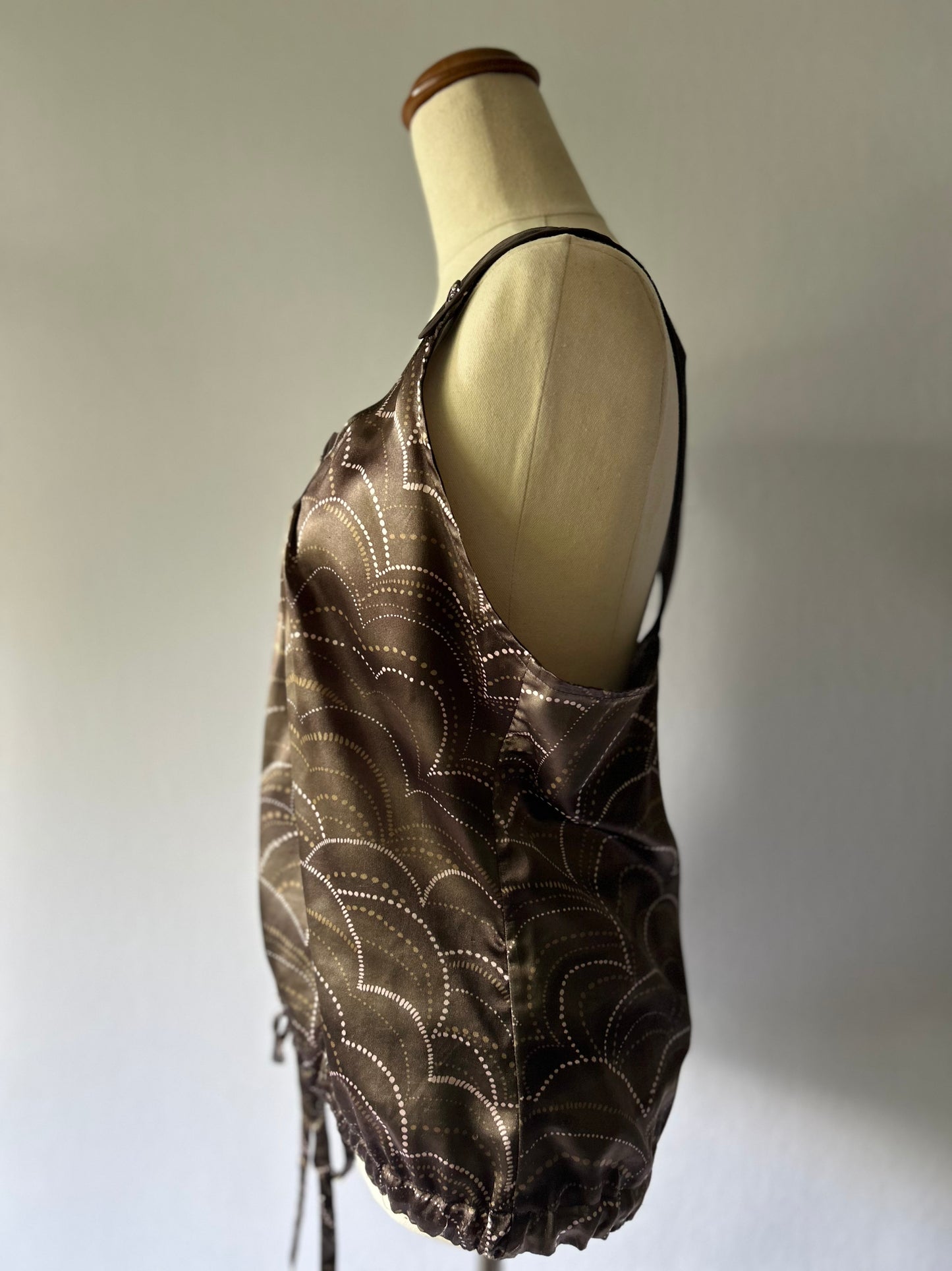 Max Vintage Satin Pleated Neck Drawstring Bubble Hem Top - Chocolate Brown - Size 12