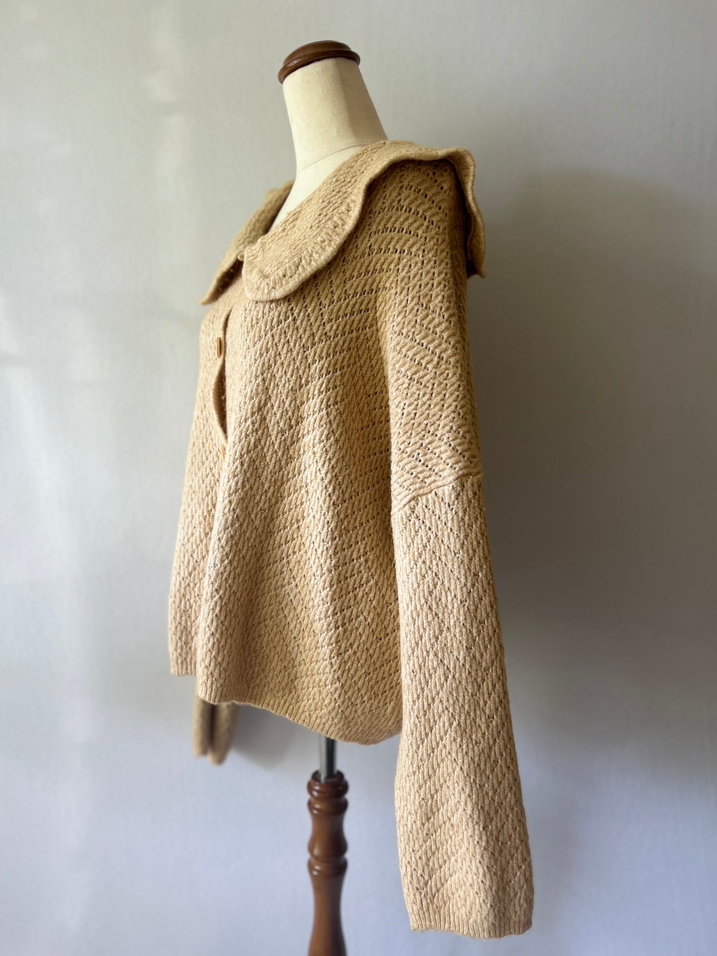Textured Statement Collar Knit Cardigan - Oatmeal Beige - Size Large