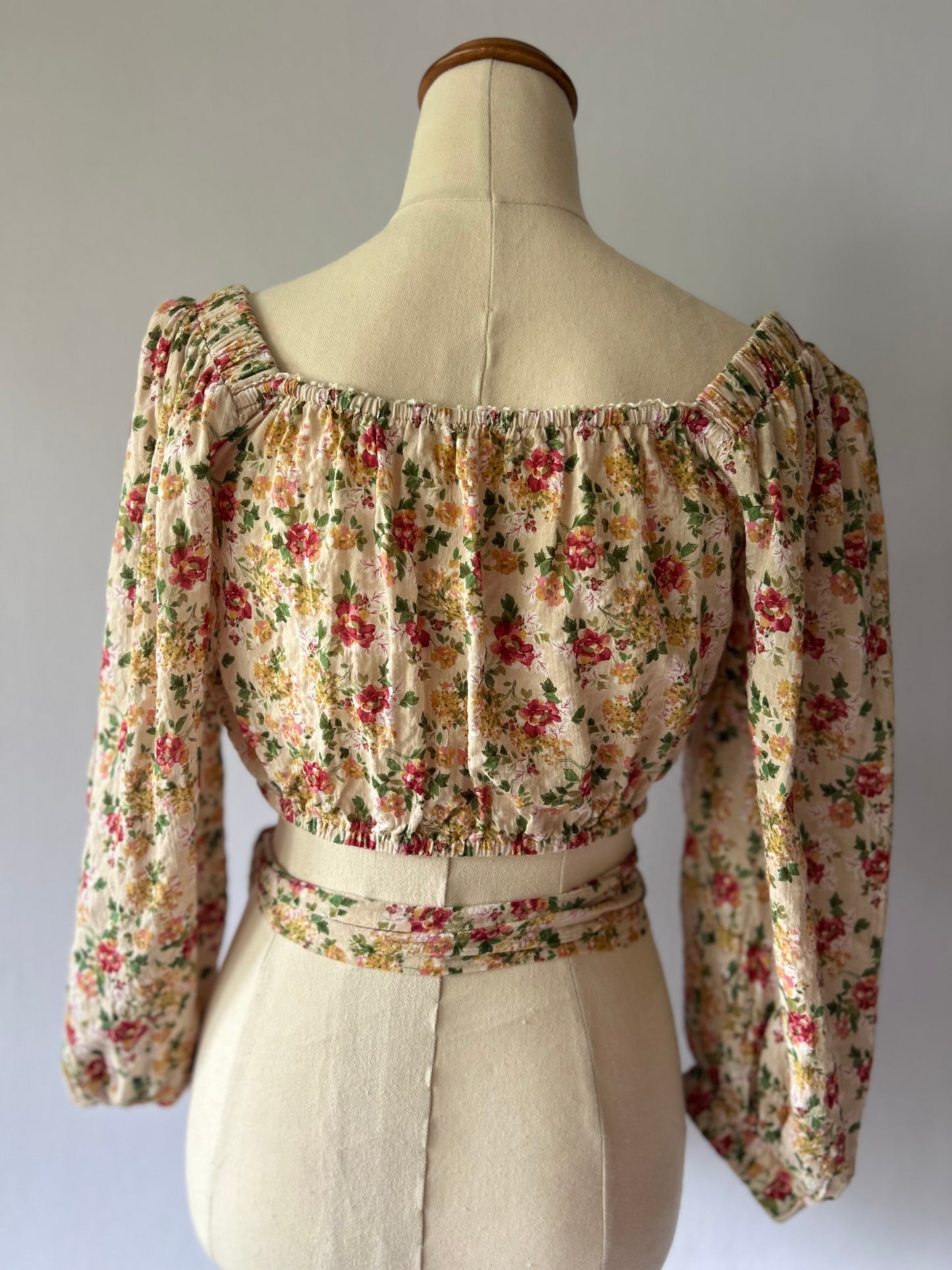 Floral Puff Sleeve Cropped Blouse with Wrap Tie Detail - Size Small
