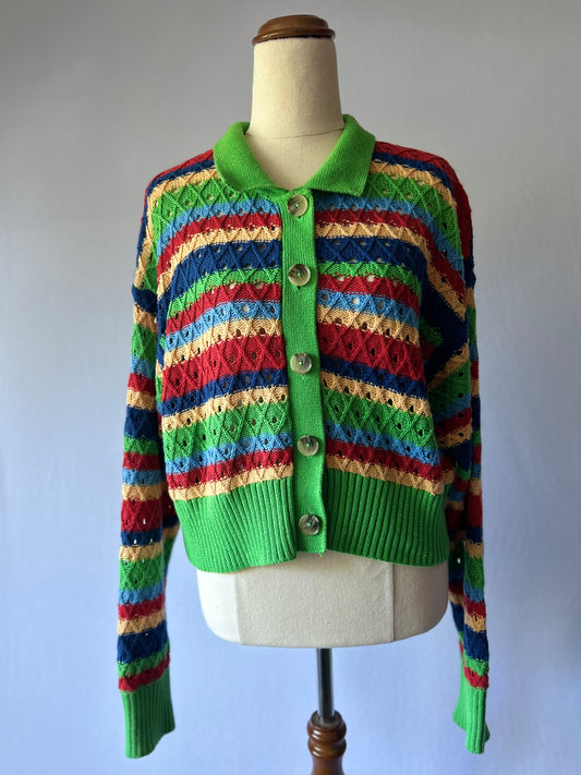 Colorful Striped Knit Cardigan – 100% Cotton, Size L