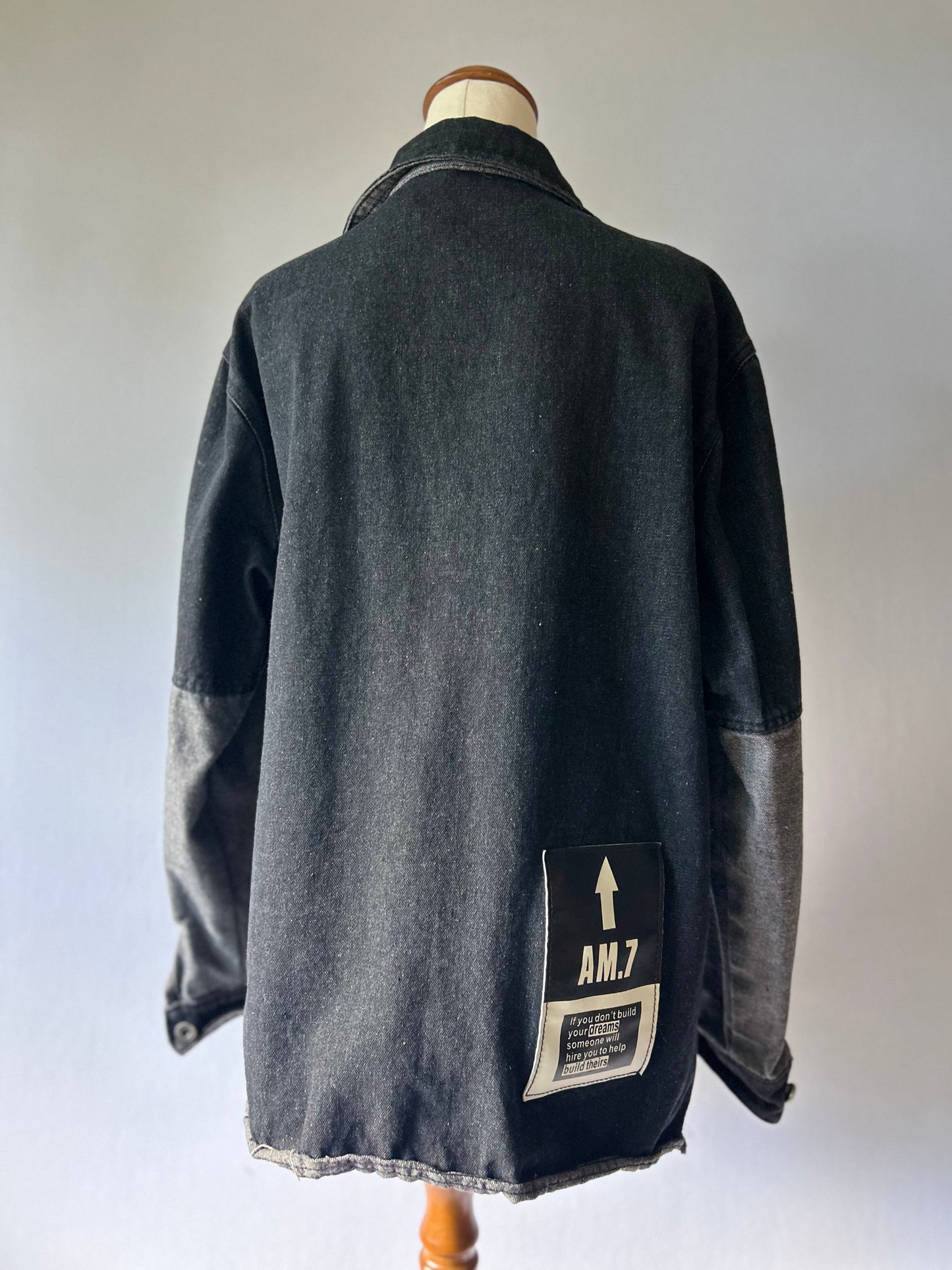 Two-Tone Panelled Denim Utility Overshirt - Black & Grey - Size XL